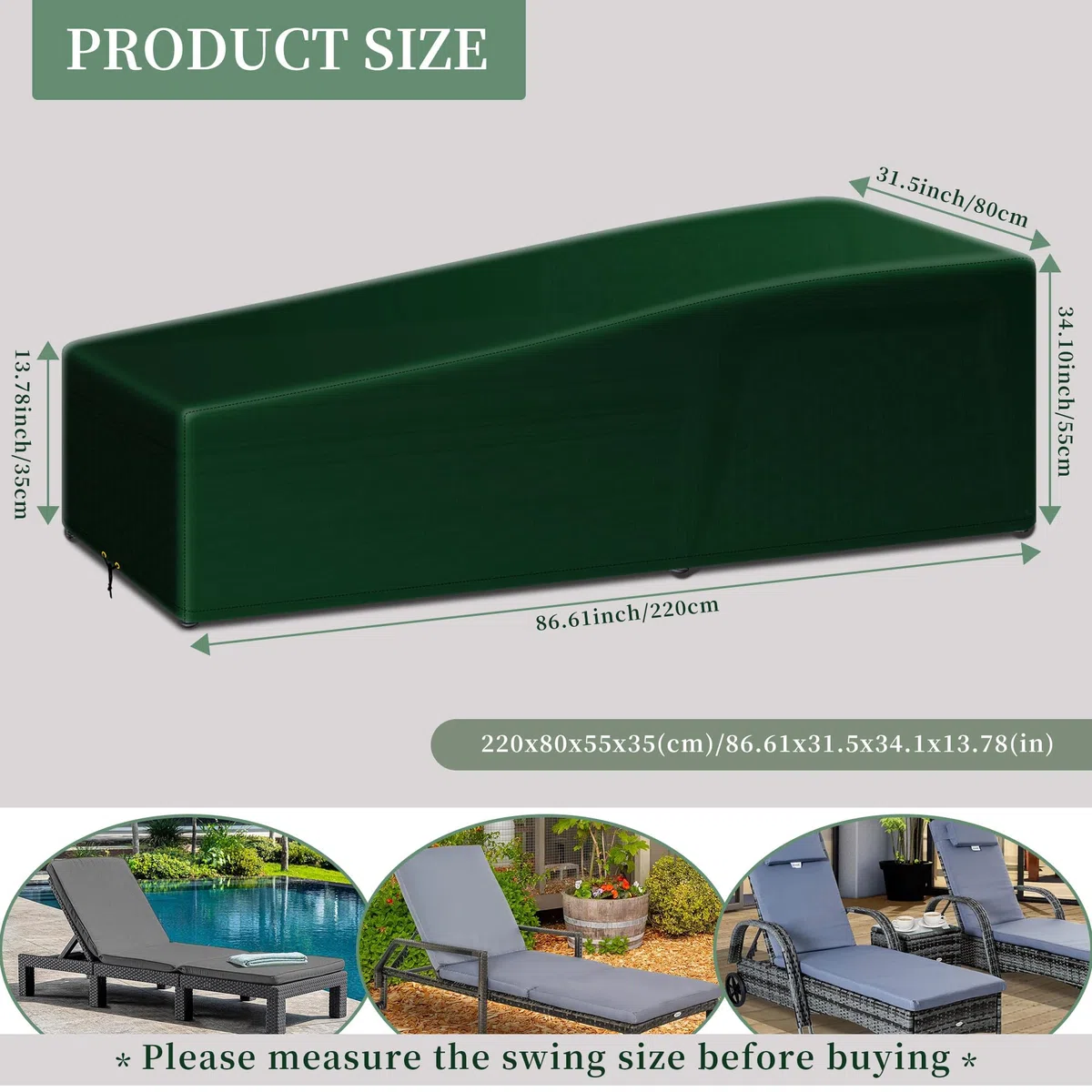 Garden Sunbed Lounger Cover con cordoncino, impermeabile, antivento, anti-UV, PE 220 x 80 x 35/55 cm, in tessuto per esterni, patio Sun Lounger F1SLC040