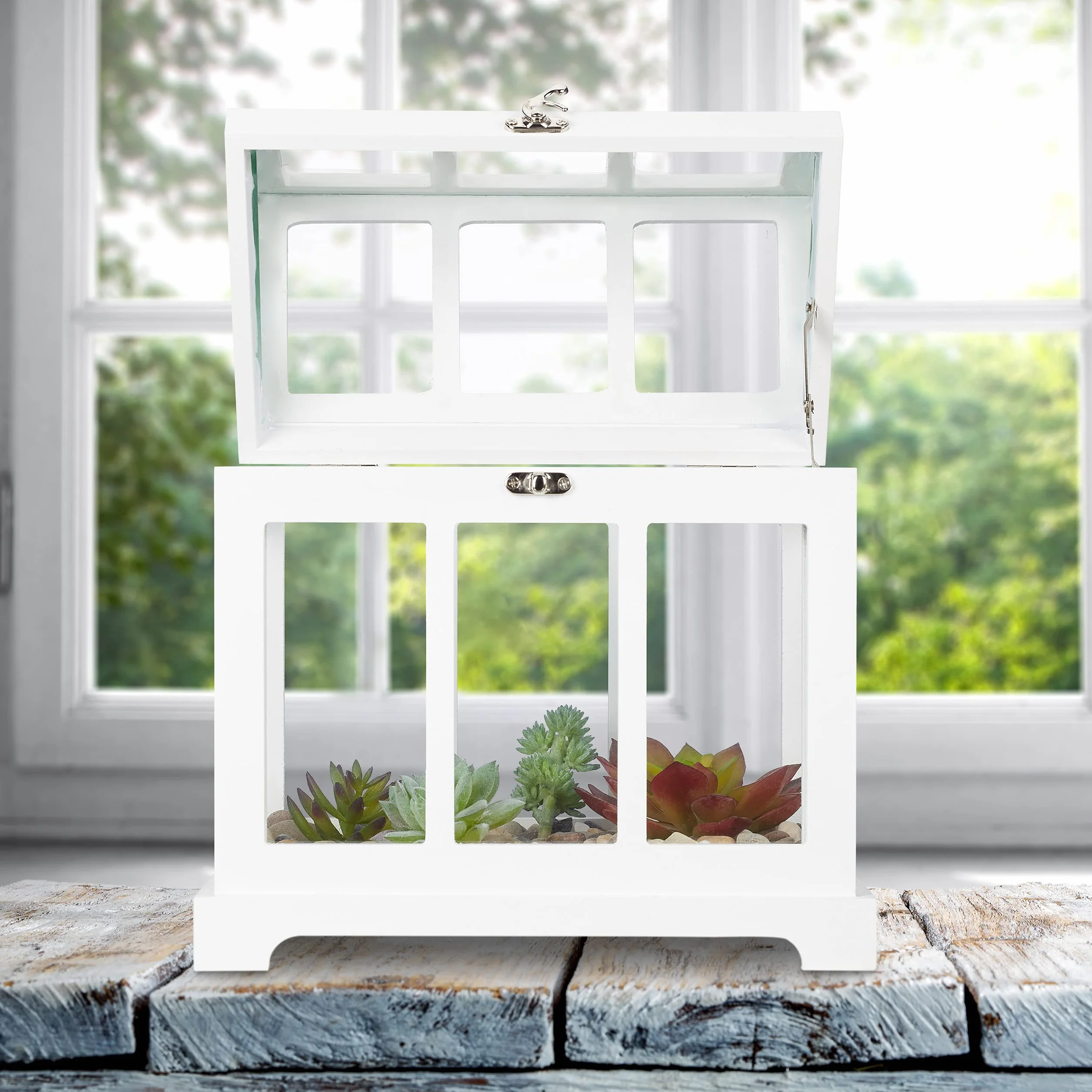 Relaxdays Set 2 Mini Serre da Interni, Legno MDF e Vetro Temperato, 2 Dimensioni, Shabby Chic, anche Decorative, Bianco