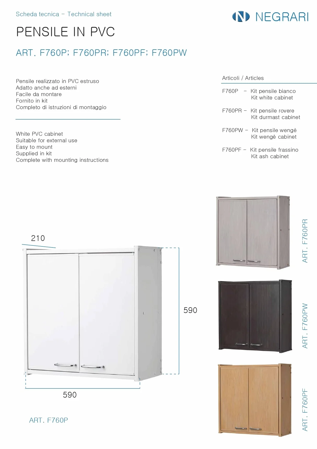 Negrari Pensile in PVC F760PRAM in resina PVC, Fornito in kit di montaggio, Interni/Esterni, 59x21x59 cm, Rovere