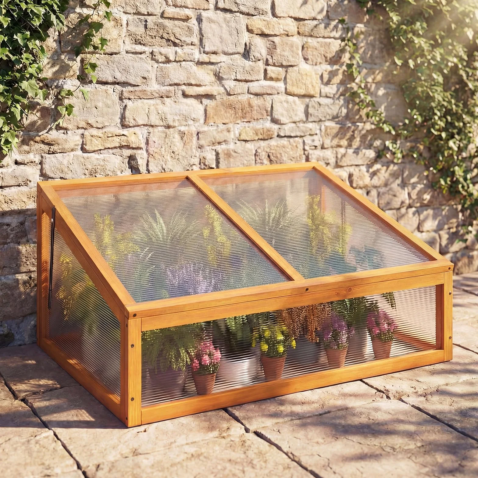 COSTWAY Serra in Legno, Mini Serra con Tetto Trasparente Apribile, Letto Rialzato da Interno ed Esterno per Balcone, Giardino e Veranda (Arancione)