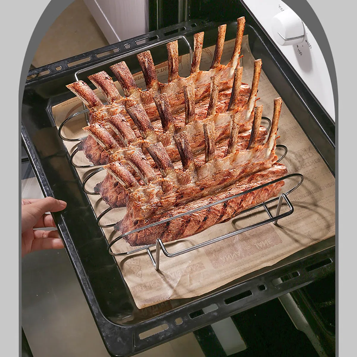 Supporto Bistecche e Costine, Cestello per BBQ Rib Rack, Arrosto e Supporto Costine, Supporto per Arrosto Bistecca, per 5 Costolette di Ricambio Croccanti dalla Griglia e dal Forno