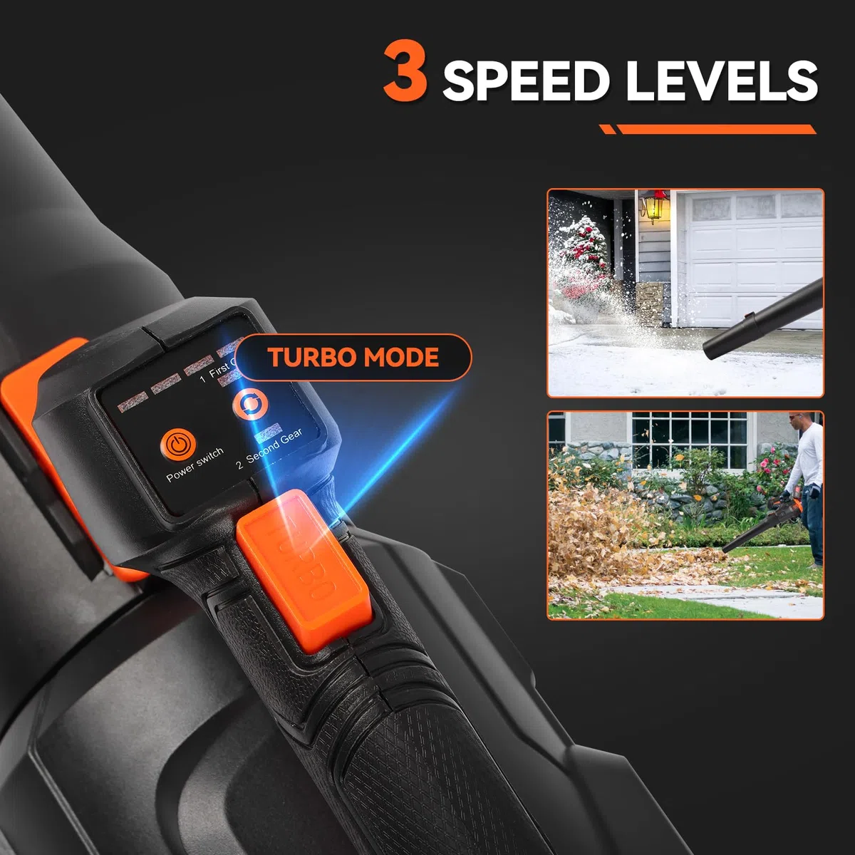 Soffiatore a Batteria 21V,Soffiatore per Foglie con 2 Batterie 4000mAh, 3 Velocità Regolabili,119MPH,494CFM, con Tubo Dritto e Curvo per Giardino, Patio e Casa