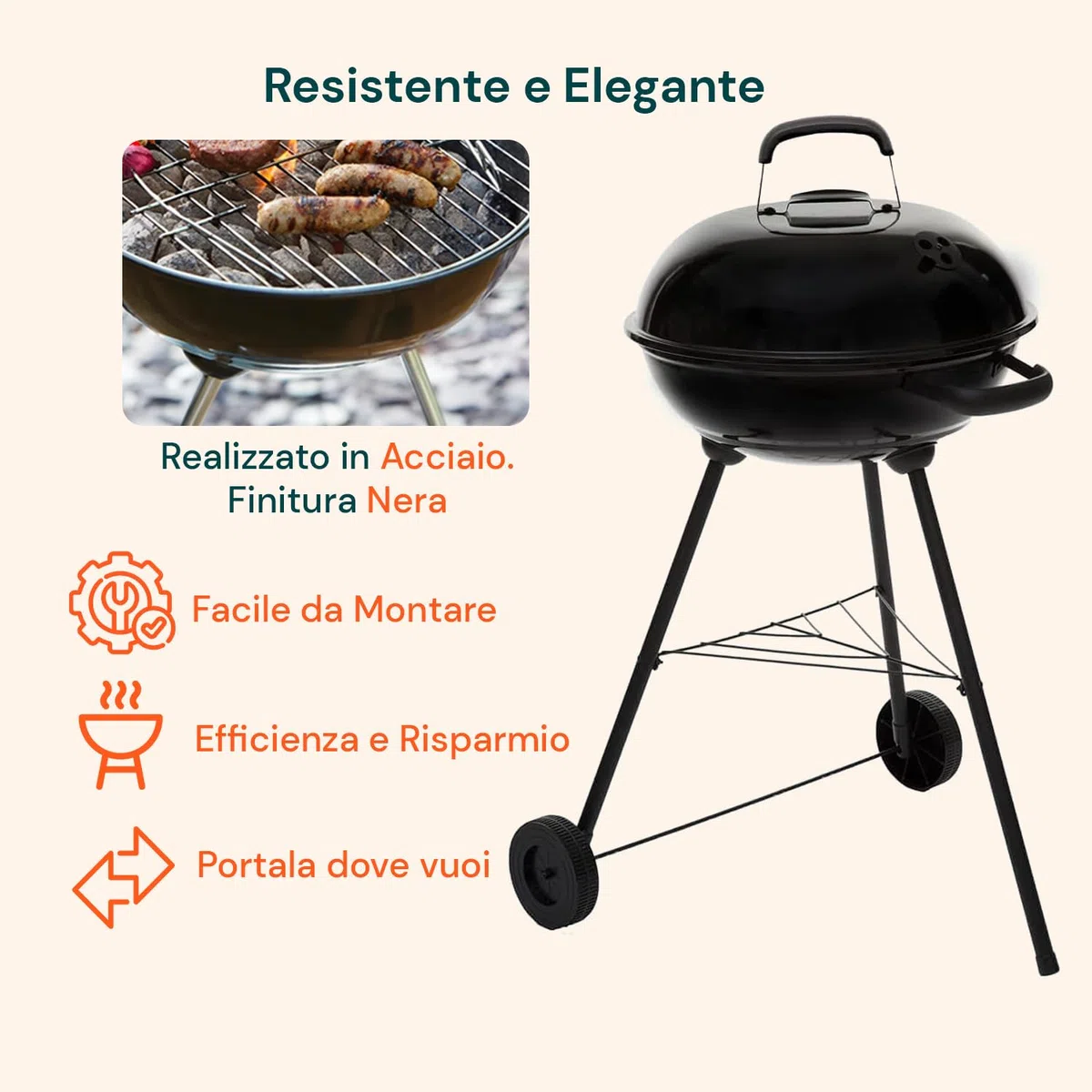 Barbecue a Carbonella Carmensa 43 cm - Il BBQ a Carbone Perfetto per le Tue Giornate Estive! Montaggio Veloce, Cottura Grill e Forno, Nero
