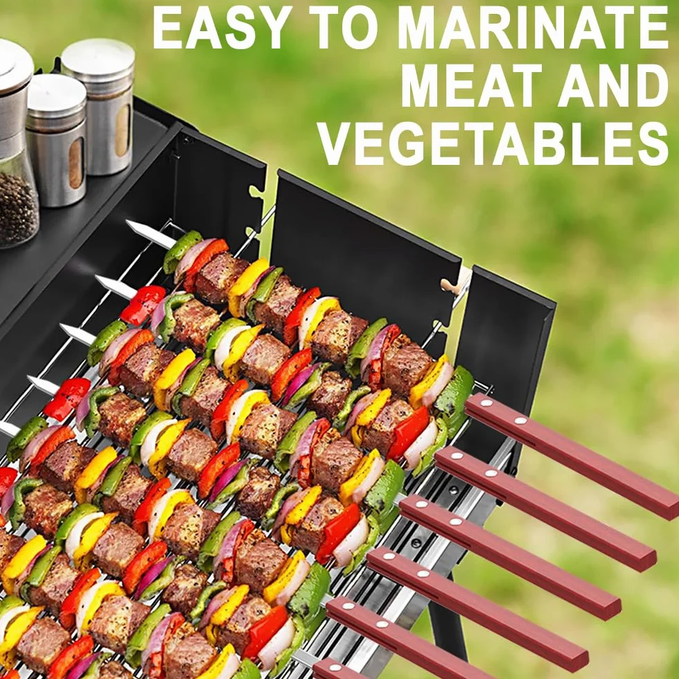 10 PCS spiedini per barbecue, Kebab Piatto da 35 cm, con Manico in Legno Resistente al Calore, Spiedini per Barbecue Riutilizzabili, Accessori per Griglia con Borsa, Kebab Multiuso