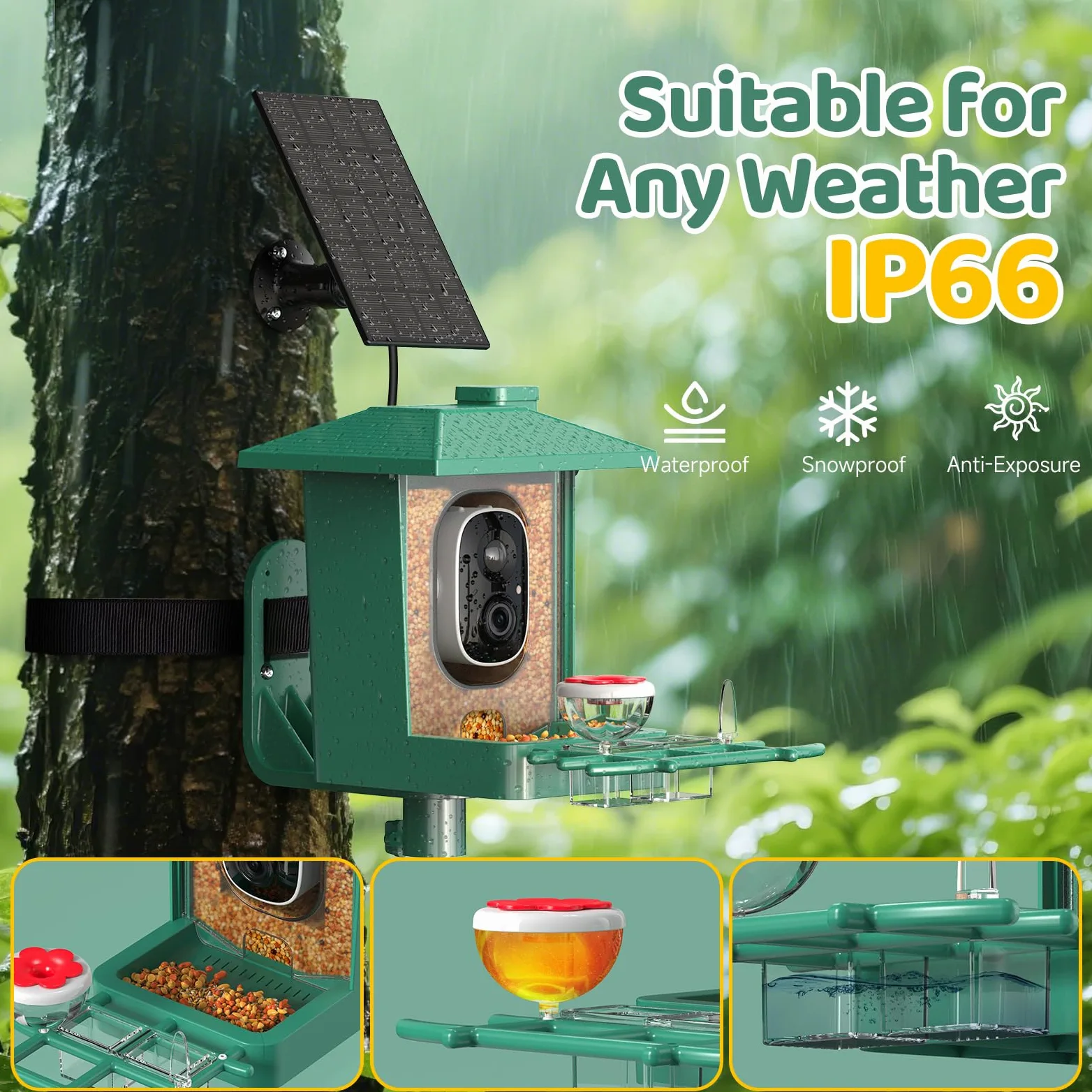 Mangiatoia per Uccellini da Esterno Telecamera Solare: 2K HD Abbeveratoio per Uccelli Videocamera - Bird Feeder Impermeabile IP66 - Riconoscimento Intelligente Volatili Mangiatoia Uccelli Selvatici