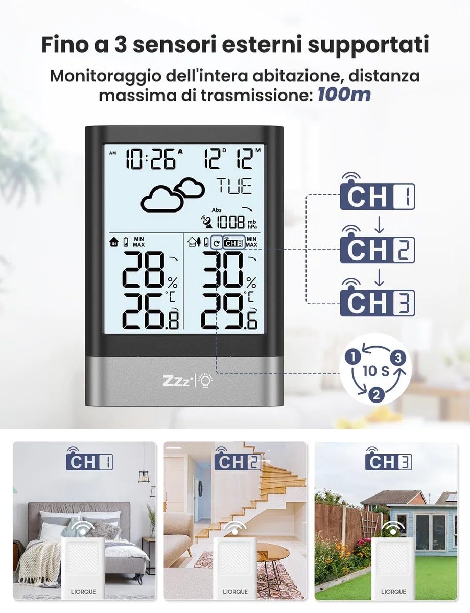 LIORQUE Stazione Meteo Con Sensore Esterno, Stazione Meteorologica Wireless Con RCC, Previsioni Del Tempo, Sveglia, Data, Temperatura,Umidità, Retroilluminazione Regolabile, Nero (Batteria Inclusa)