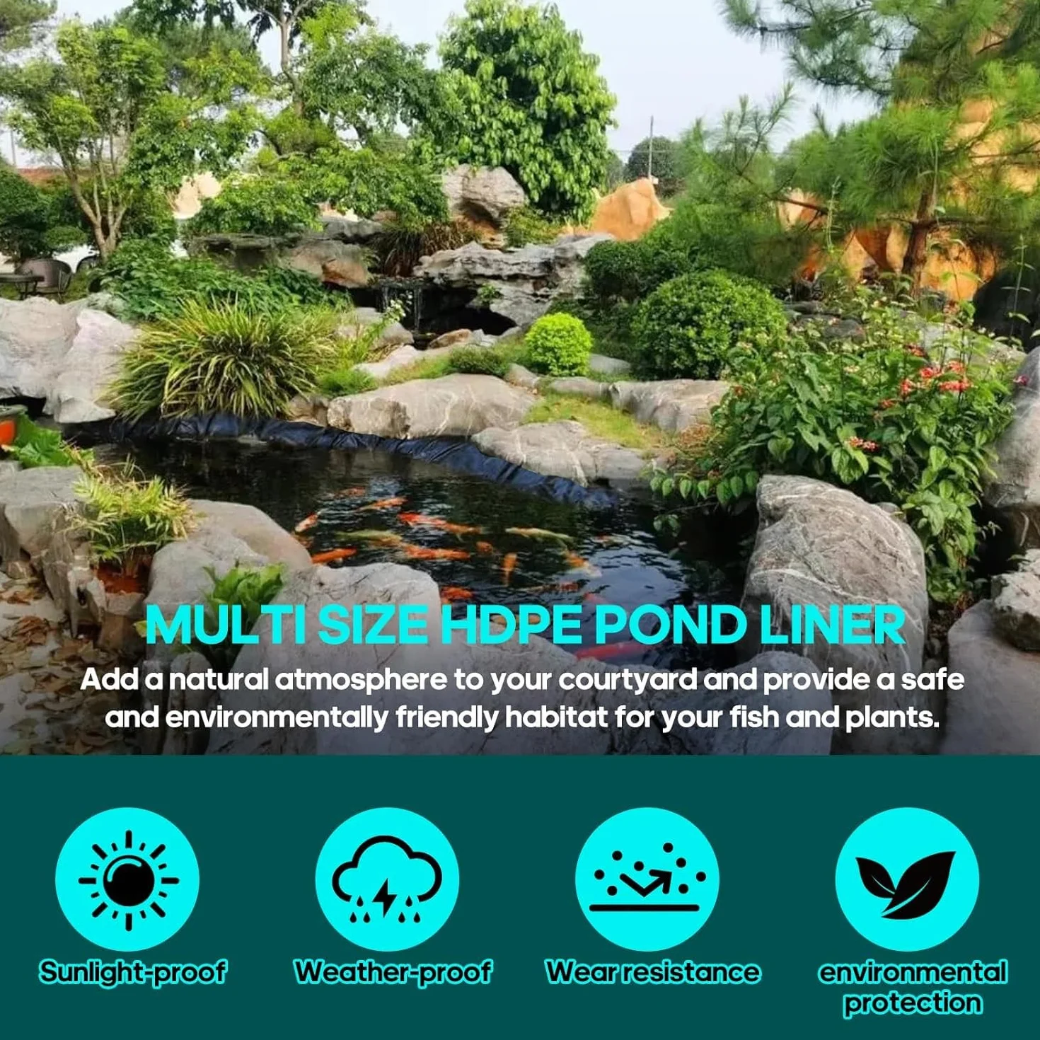 MIKIICOCO Rivestimento per laghetto, 3 x 3 m, impermeabile, flessibile, rivestimento per laghetto dei pesci, rivestimento in membrana preformata per giardini