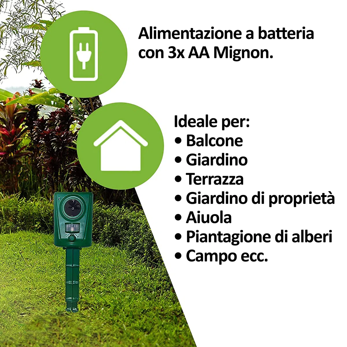 ISOTRONIC repellente animali ultrasuoni selvatici uccelli cani gatti martore batteria picchetto giardino incluso raggio 60m² 3 pezzi efficace esterno dissuasore protezione difesa ecologico stop