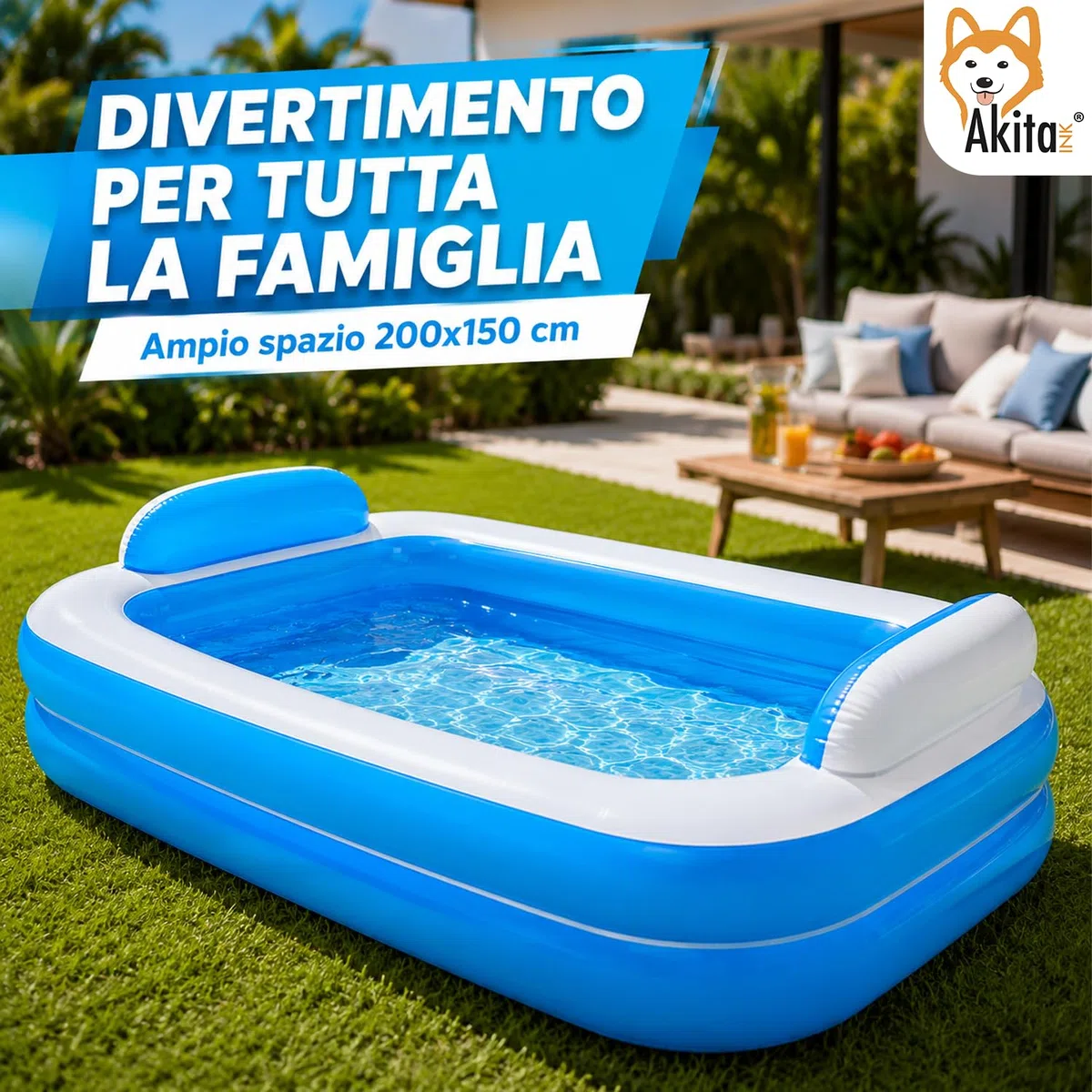 Akitaink Piscina Gonfiabile Rettangolare 200x150x50 cm con Cuscini Integrati, in Vinile Resistente PVC, Azzurro e Bianco, per Bambini dai 3 Anni, da Giardino