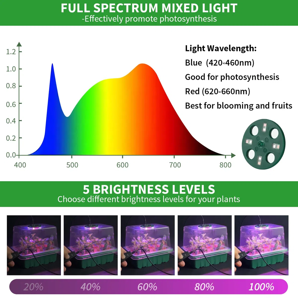 Qoolife Vassoio di avviamento per semi con luce per piante, confezione da 4 luci per la coltivazione di semi, kit di avviamento con cupole di umidità, regolatore di temporizzazione luminosità