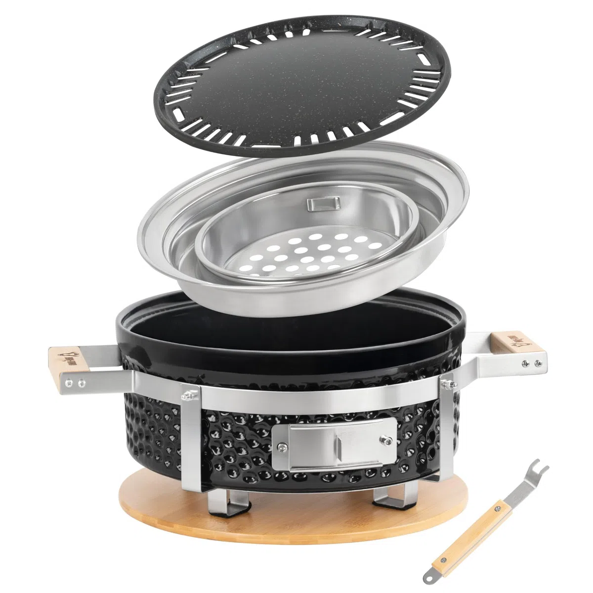 BBQ-Toro Barbecue da tavolo in ceramica, rotondo, diametro 29,5 cm, con base in legno, Hibachi, barbecue in ceramica, barbecue a carbonella, barbecue da tavolo senza elettricità, raclette giapponese