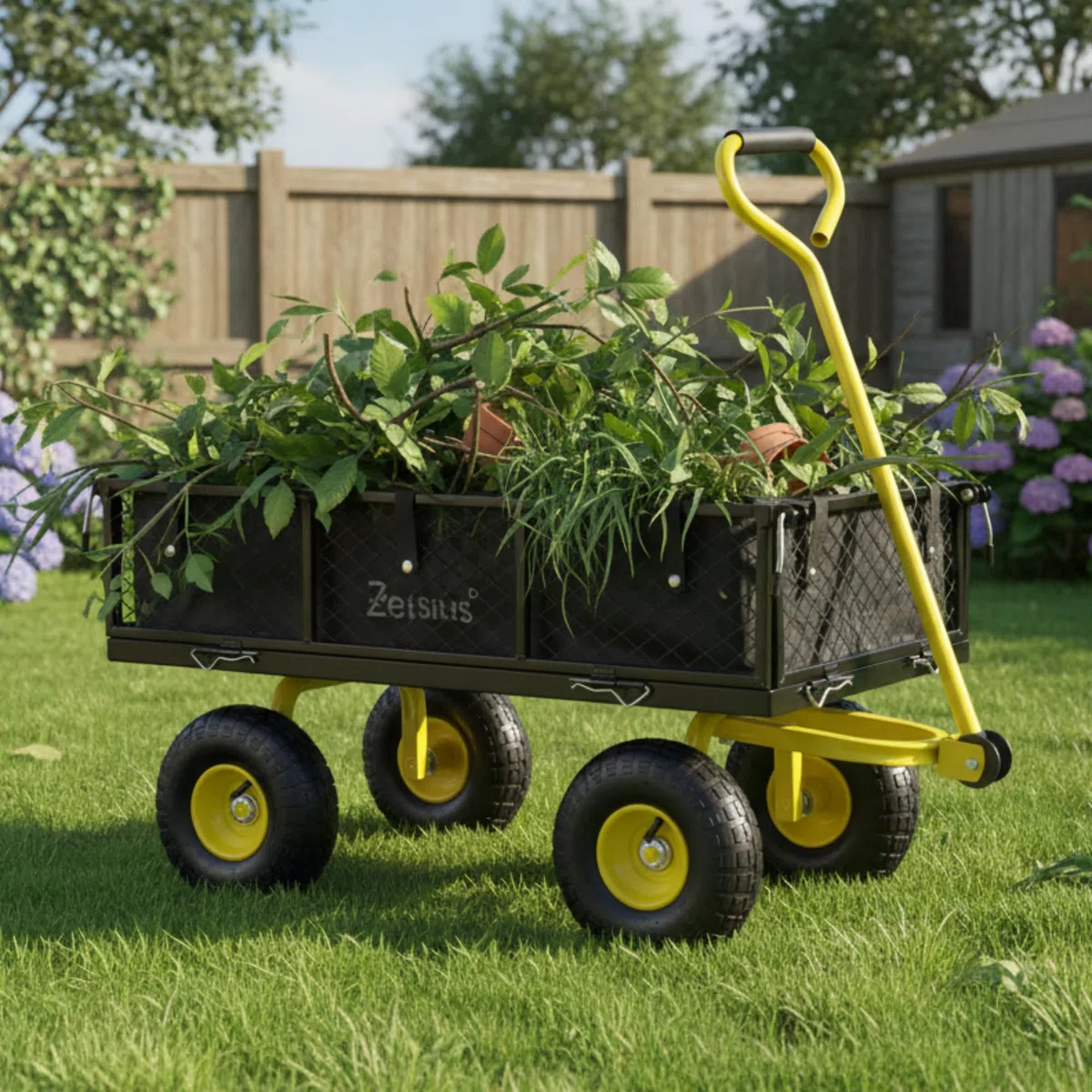 Zelsius Carretto | 350 kg di portata: 75 litri | Nero/Giallo | Carrello da giardino | Carrello da giardino | Carrello pneumatico a mano | Carrello pieghevole a mano per giardinaggio