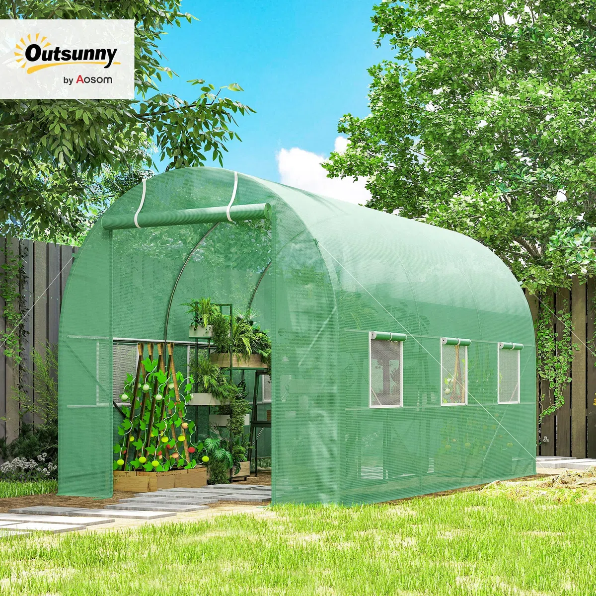 Outsunny Serra da giardino a tunnel, superficie del terreno, 7 m², 3,5 x 2 x 2 m, telaio tubolare rinforzato con cerniera, 6 finestre avvolgibili, colore: verde