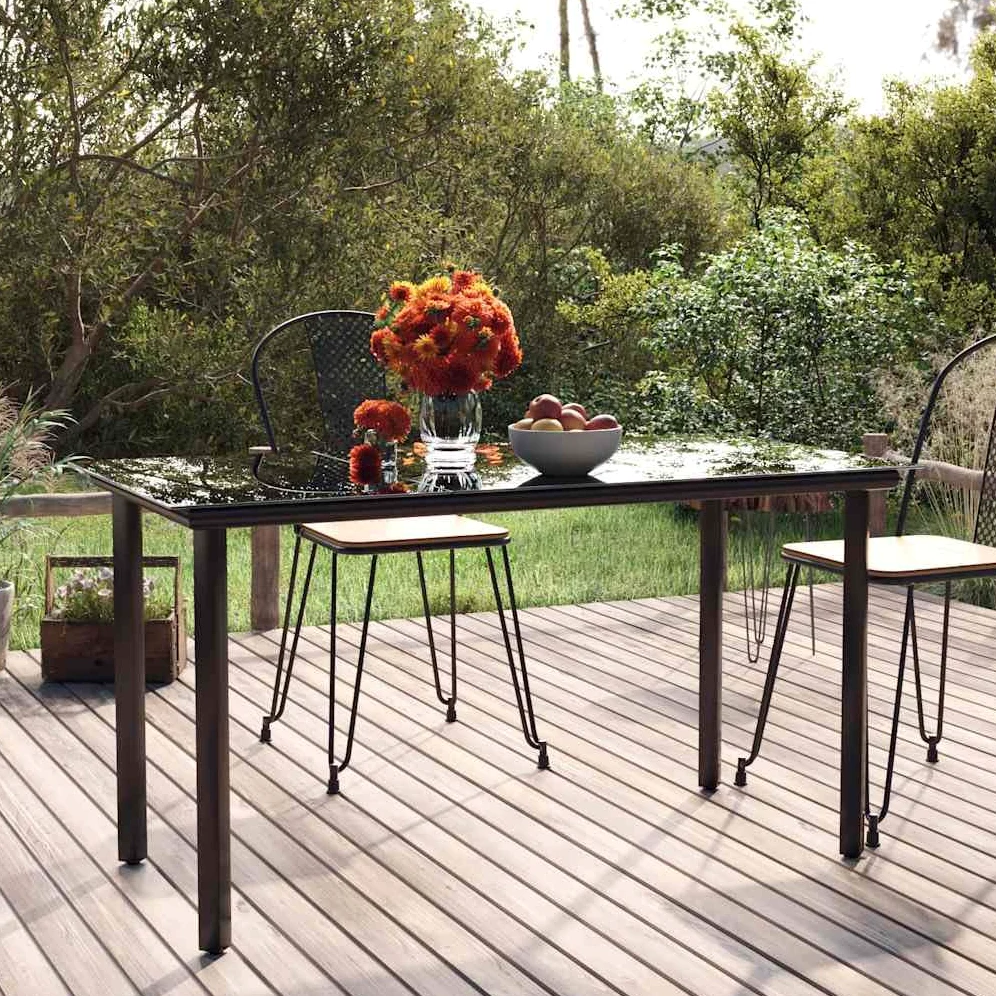 Tavolo da pranzo da giardino, nero, 200 x 100 x 74 cm, in acciaio e vetro temperato, resistente alle intemperie, stabile, per terrazza, balcone, giardino, salvaspazio e facile da pulire