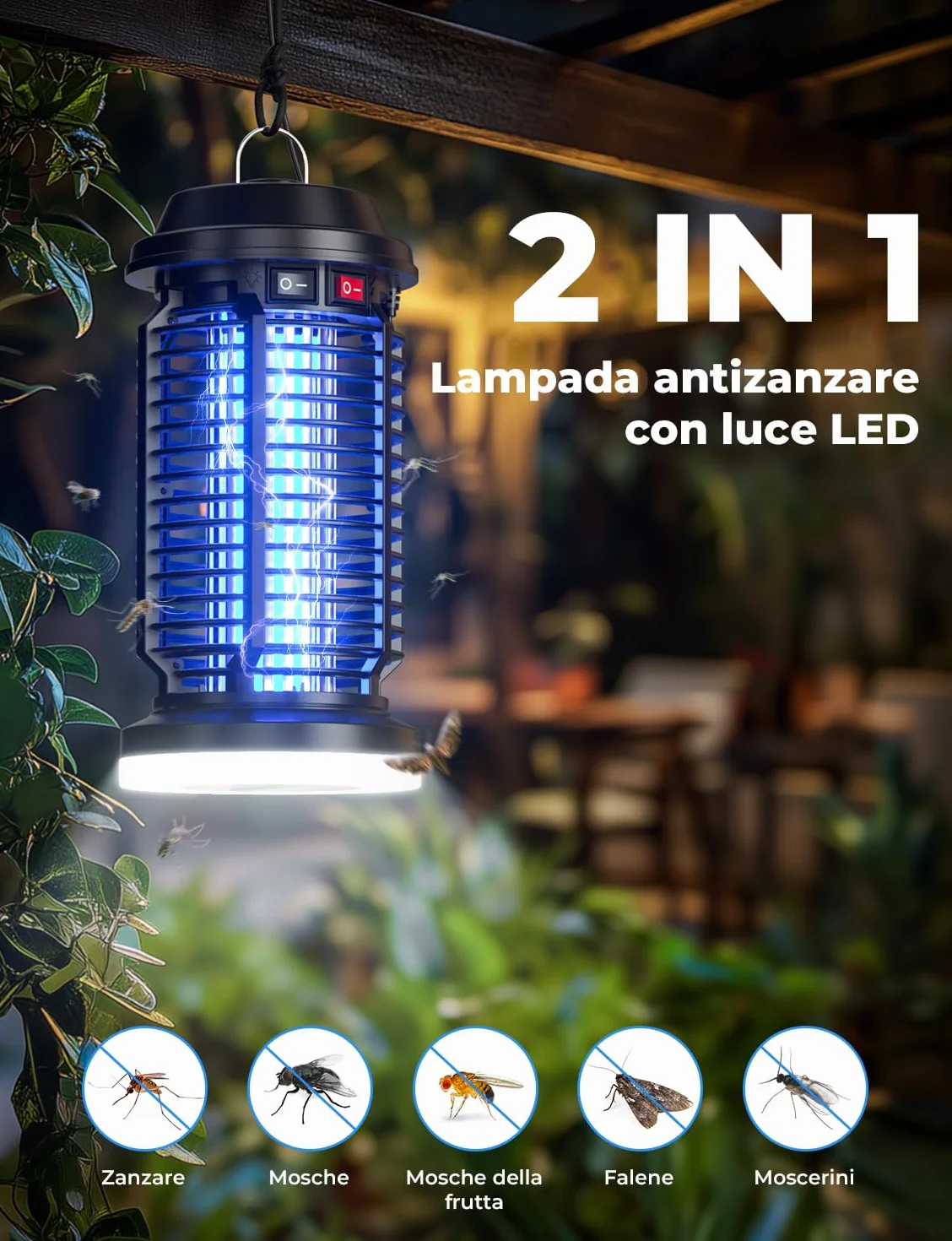 YISSVIC Lampada Antizanzare Elettrica 4200V con Luce LED, Impermeabile IPX4, Zanzariera Elettrica, Trappola UV per Zanzare per Giardino, Esterni e Interni, con Spazzole di Pulizia - Efficace e Sicura