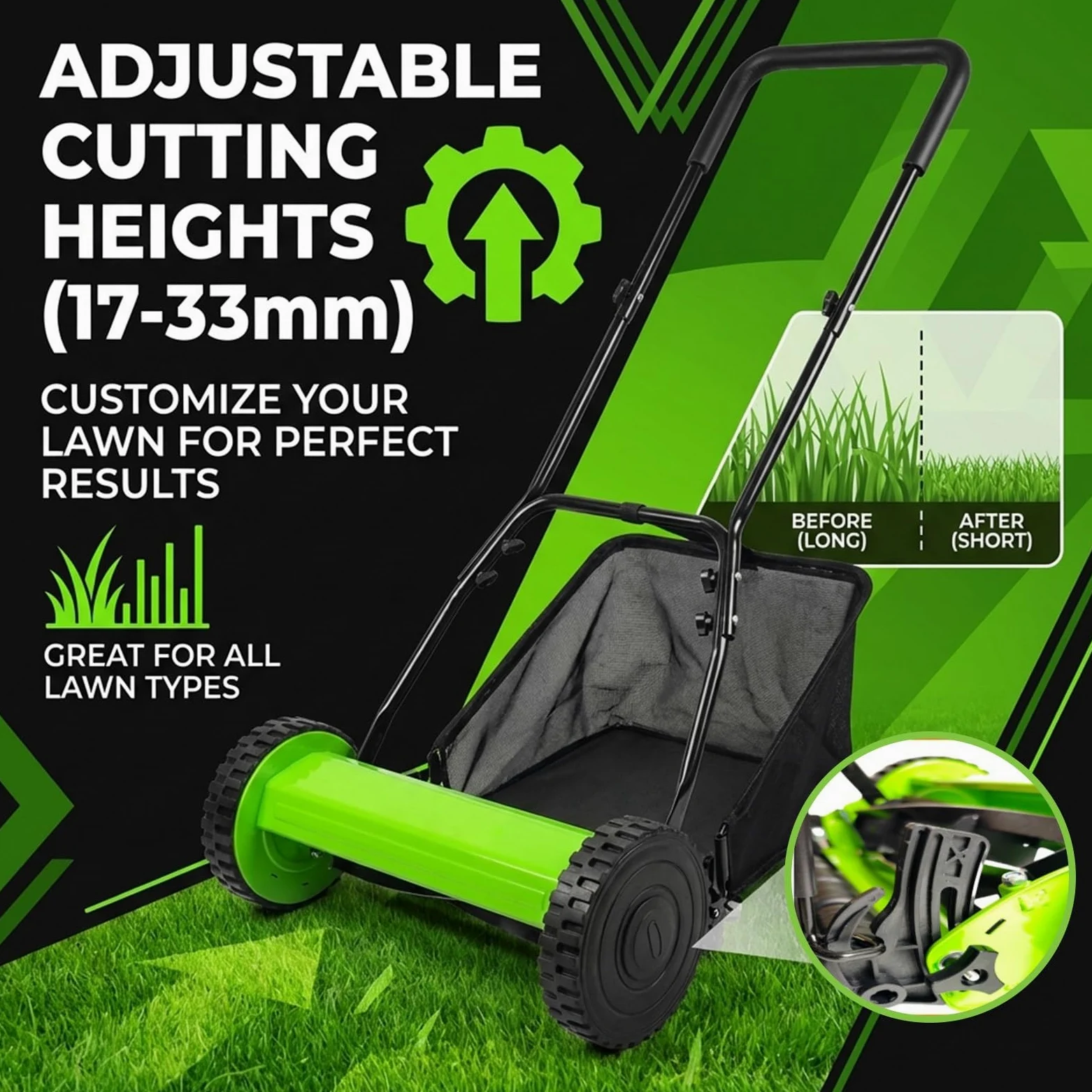 Falciatrice manuale con sacco di raccolta erba, lame in acciaio al manganese, altezza regolabile 17-33 mm, ideale per piccoli giardini e prati residenziali