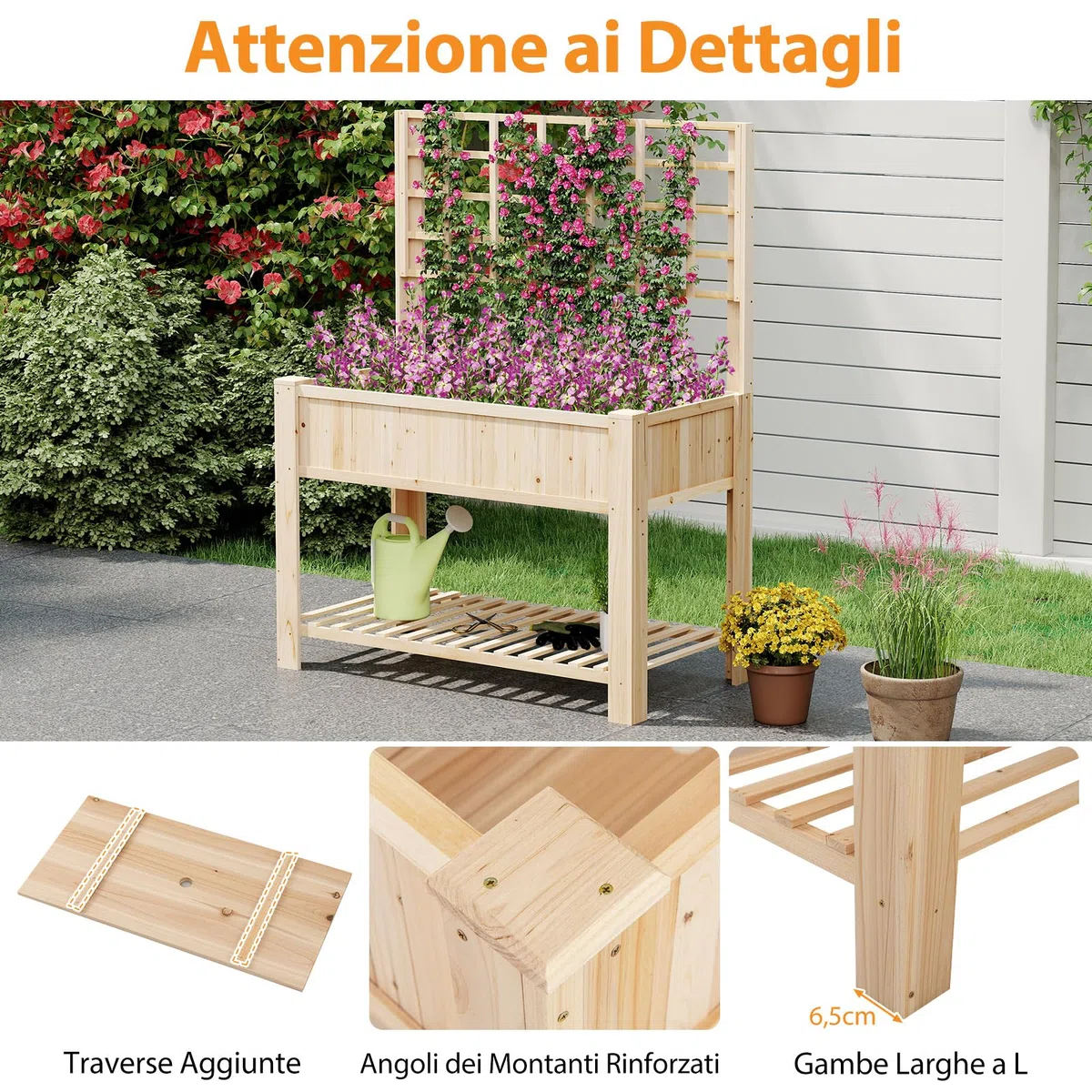 COSTWAY Letto da Giardino Rialzato, Fioriera Elevata con Traliccio, Mensola di Stoccaggio e Fori di Drenaggio, Orto Rialzato per Cortile, Giardino e Patio, 116 x 59 x 150 cm (Naturale)