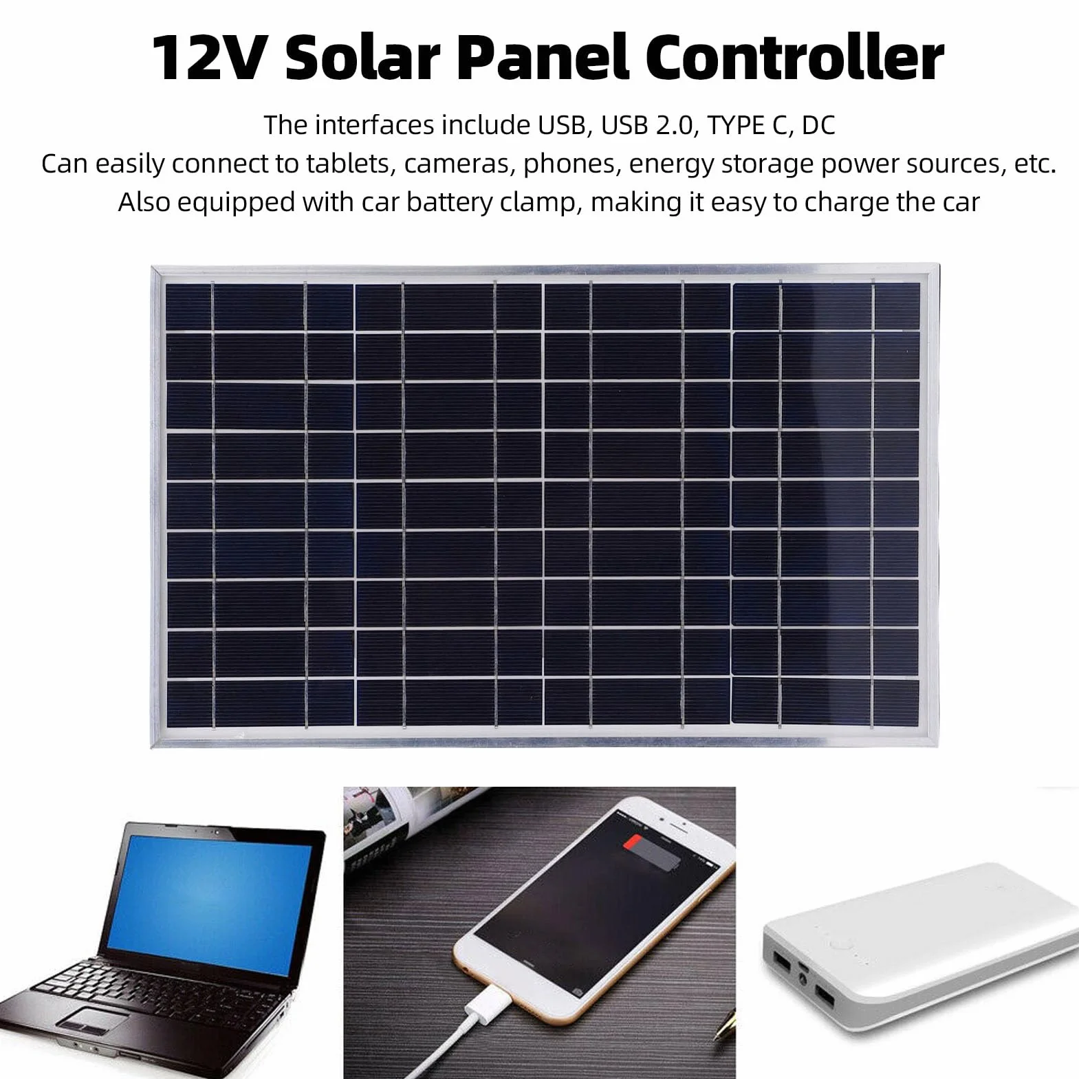 Fabater Kit Pannello Solare Versatile da 100 W con Regolatore di Carica da 12 V, Caricabatterie da Pannello Solare Ad Alto Tasso di Conversione per Applicazioni Off Grid, Telaio in Alluminio per,