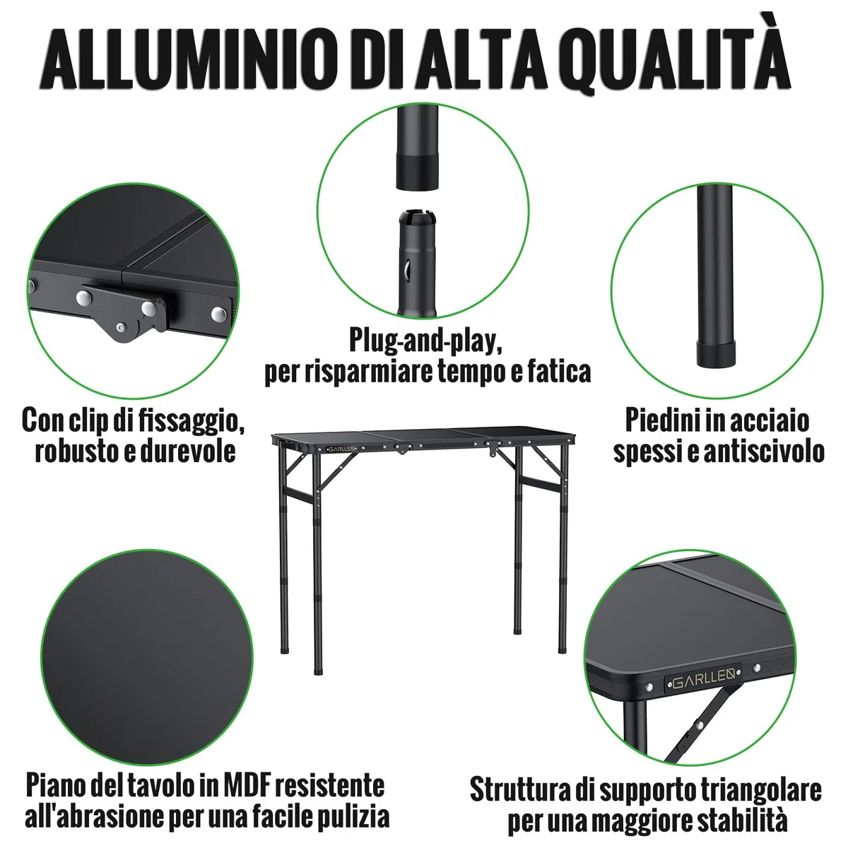 GARLLEN Tavolo Pieghevole Salvaspazio,87x40 cm,3 Altezze Regolabili (26/48/70 cm),Tavolo da Pesca in Alluminio,per Campeeggio Picnic e Spiaggia,3 Pieghe,Nero