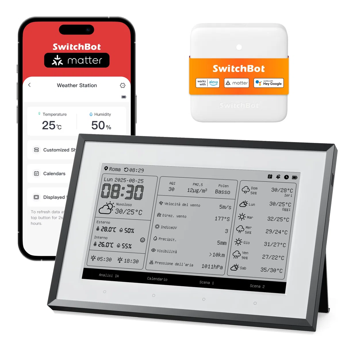 SwitchBot Smart Dashboard domestica E-Ink, Monitor wireless 7,5” per temperatura e umidità interne/esterne con calendario, Wi-Fi 2,4GHz e BLE, compatibile con Google, iCloud, Outlook