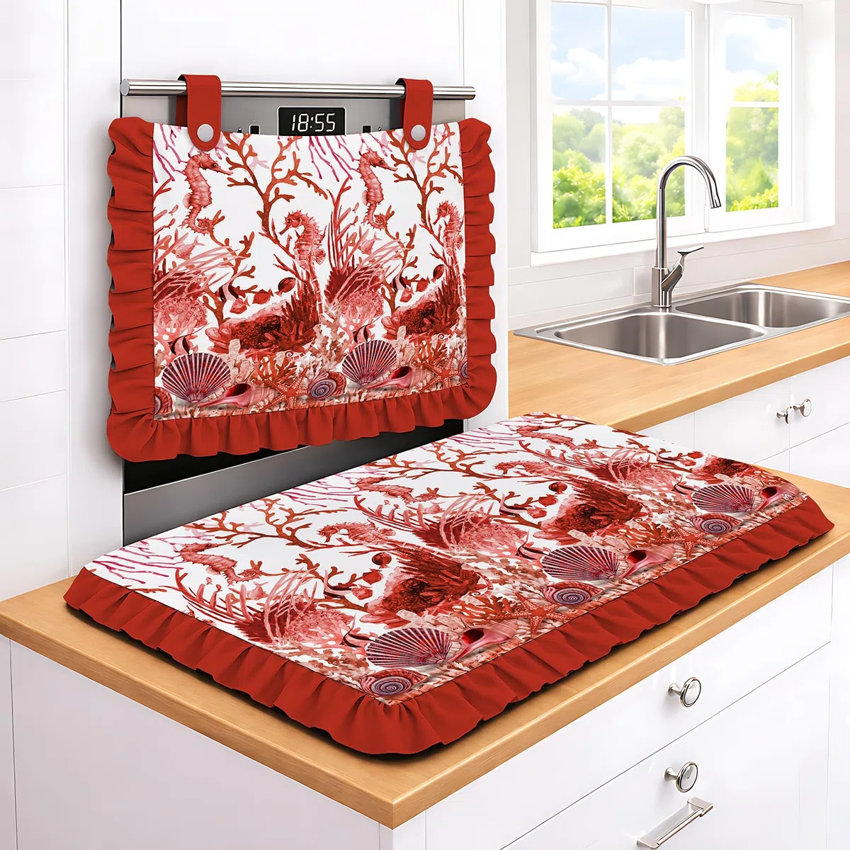Set Cucina Copriforno 40x50 cm + Coprifornelli 46x70 100% Design Corallo con Stampao e Balze - Protezione Completa Made in Italy decorazione della cucina soggiorno giardino (Rosso)