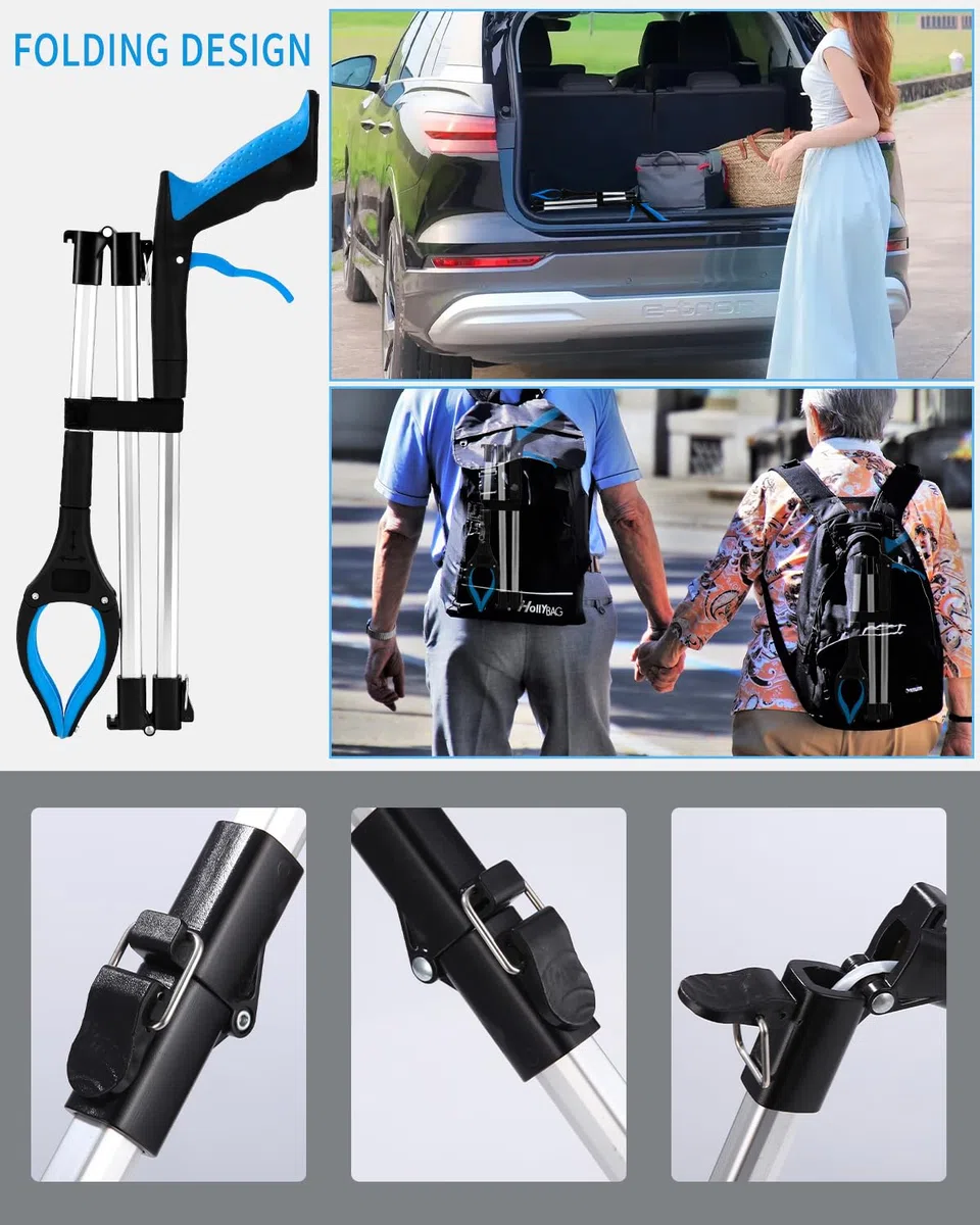 Pinza telescopica Pieghevole per anziani in alluminio, 110 cm, pieghevole con punte magnetiche, per la raccolta dei rifiuti (Blu)