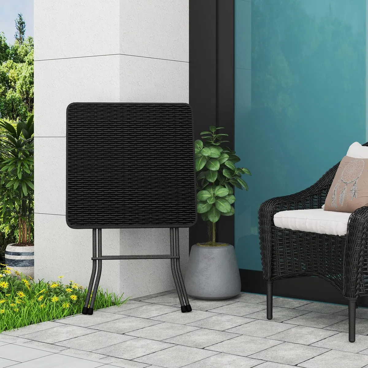 eSituro Tavolo Pieghevole da Balcone, 61x61x73cm, Tavolino da Esterno in Stile Rattan, Tavolo Richiudibile Salvaspazio con Struttura in Metallo, per Giardino, Terrazza, Nero