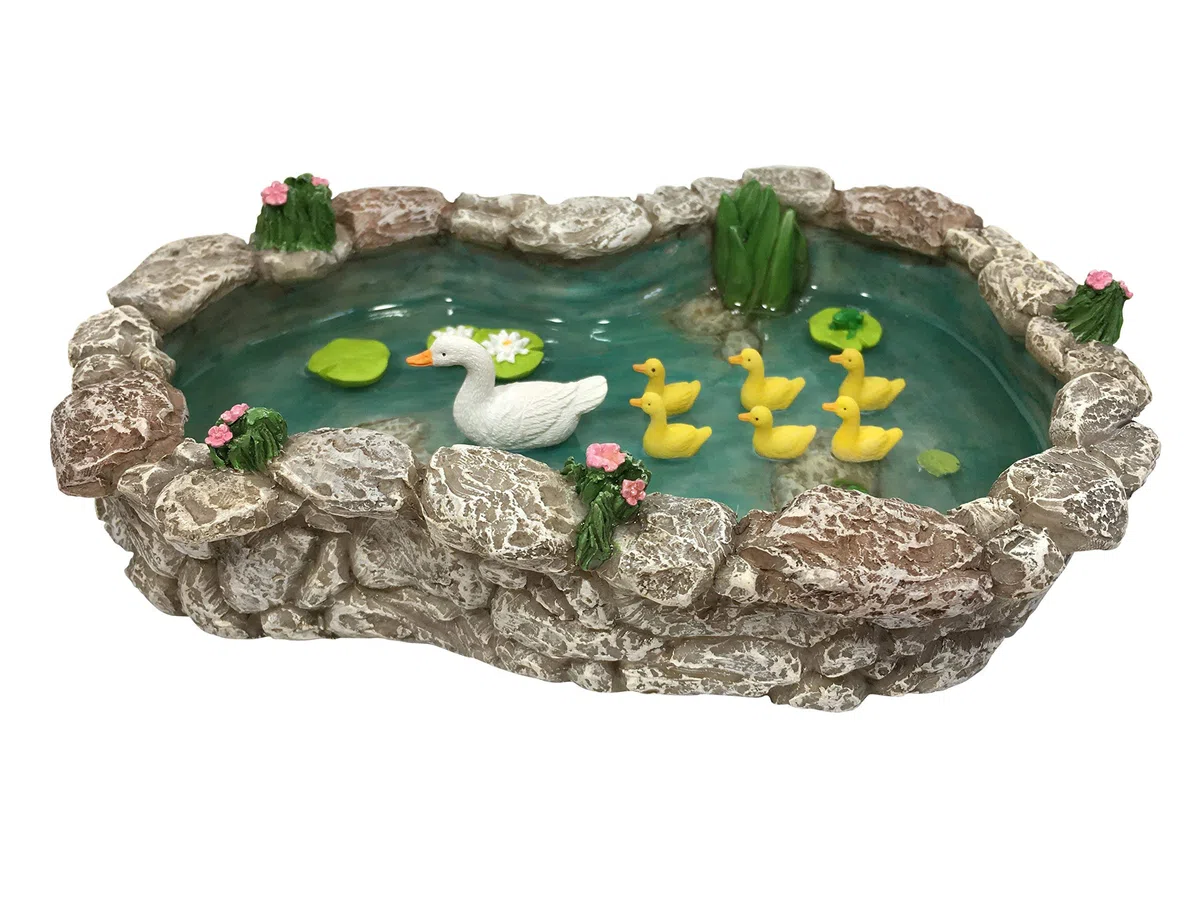 GlitZGlam Laghetto per anatre - Anatra madre e anatroccoli Laghetto per anatre in miniatura da abbinare al giardino incantato in miniatura e agli accessori da giardino in miniatura