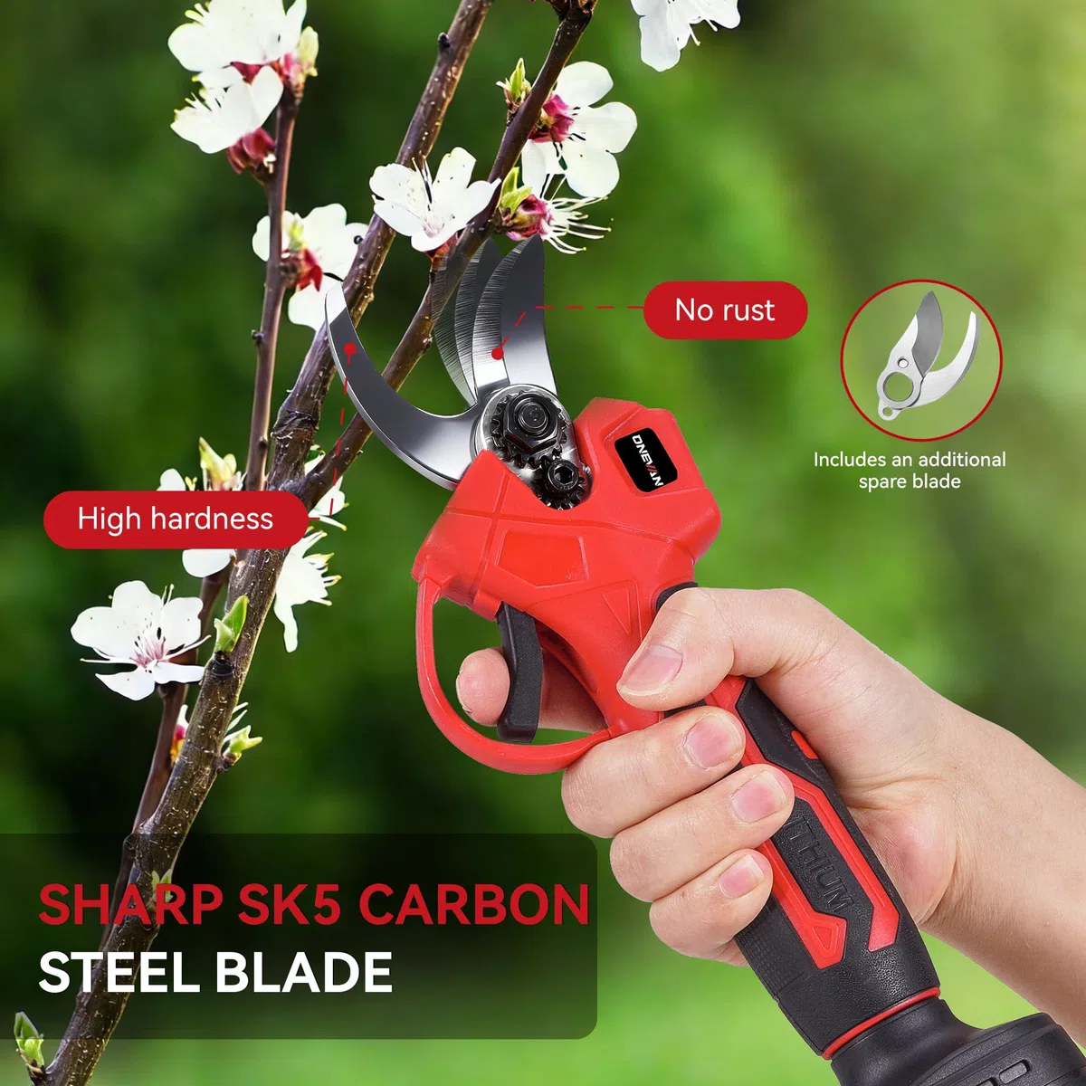 ONEVAN Cesoie a batteria, Cesoie elettriche per alberi diametro di taglio 25mm, Brushless, Senza fili e Leggere, incl. 2x1,5Ah batterie, Lame SK5, cesoie da giardino senza fili per giardino, albero