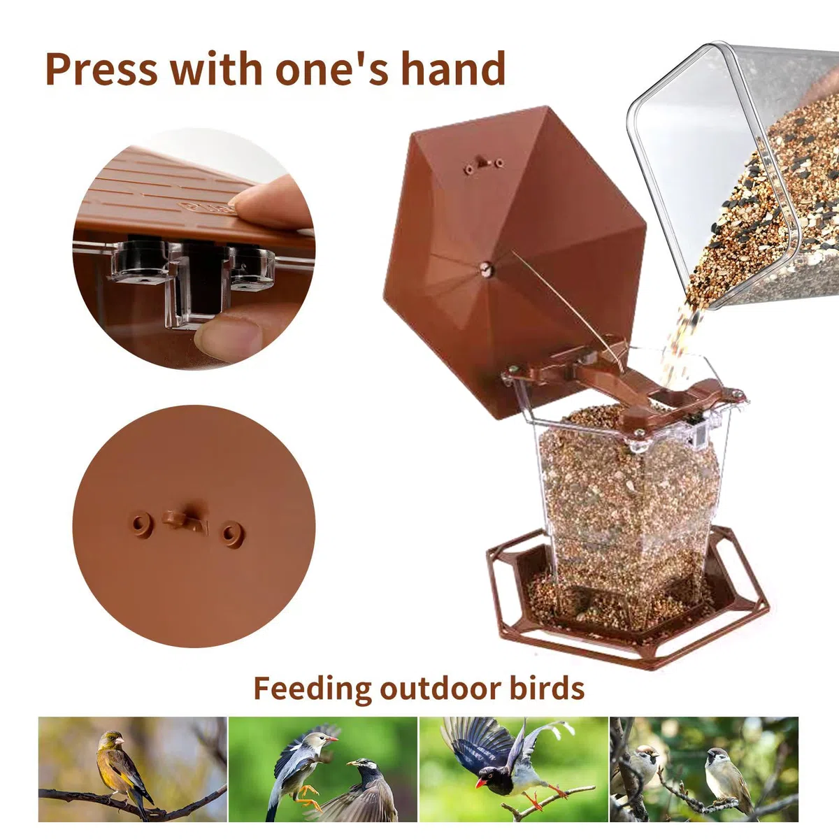 Jealoeur Mangiatoia per uccelli da esterno con funzione di bloccaggio, dispenser per uccelli retrattile da appendere all'aperto, decorazione da giardino, cortile per birdwatcher (marrone-1)