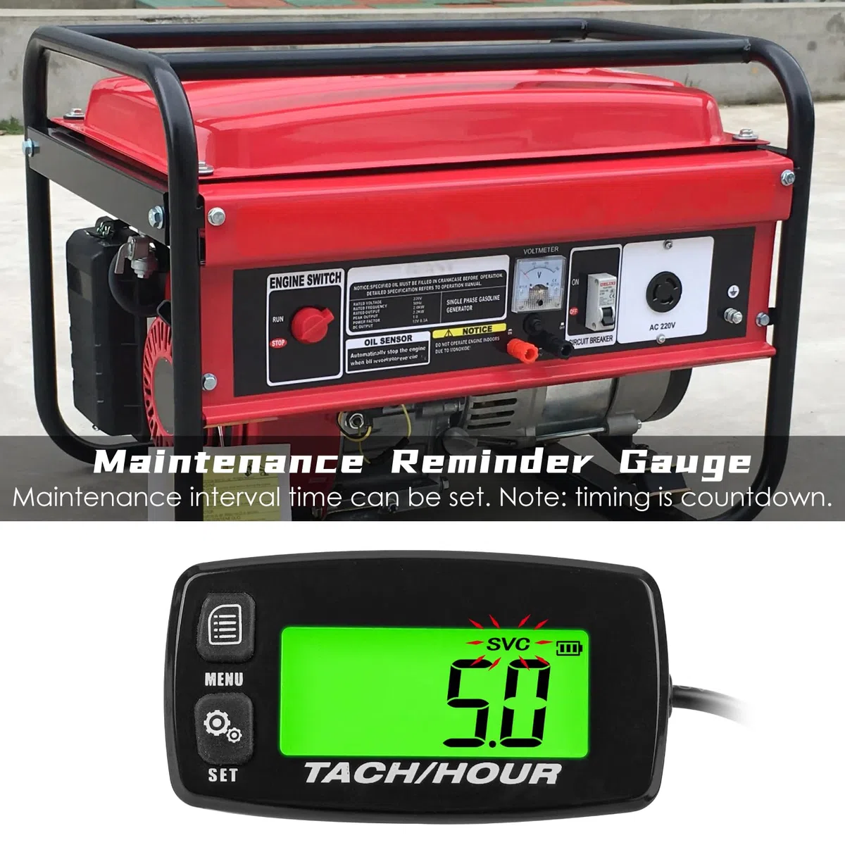 Contaore autoalimentato, batteria sostituibile integrata, retroilluminazione regolabile, tachimetro impermeabile per generatore di tosaerba con motore a gas