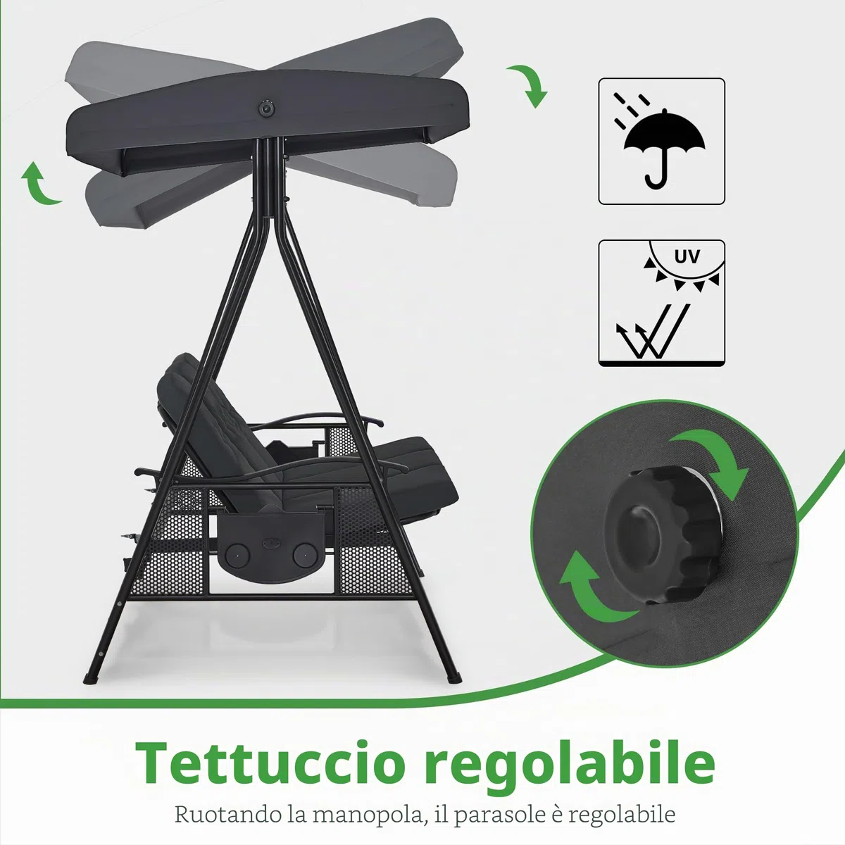 M MCombo Altalena Hollywood a 3 posti, 4093 con funzione reclinabile, tettuccio parasole regolabile e portabevande, panca per altalena da esterno resistente alle intemperie