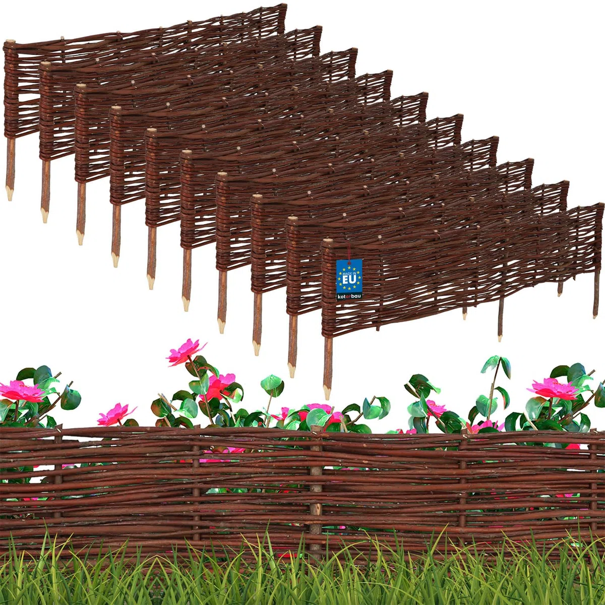 KOTARBAU® 10 pezzi Staccionata in Legno per Giardino - Recinzione in Vimini - 120 x 20 cm - Marrone - Staccionata Giardino Esterno - Steccato in Legno - Decorazione Da Esterno