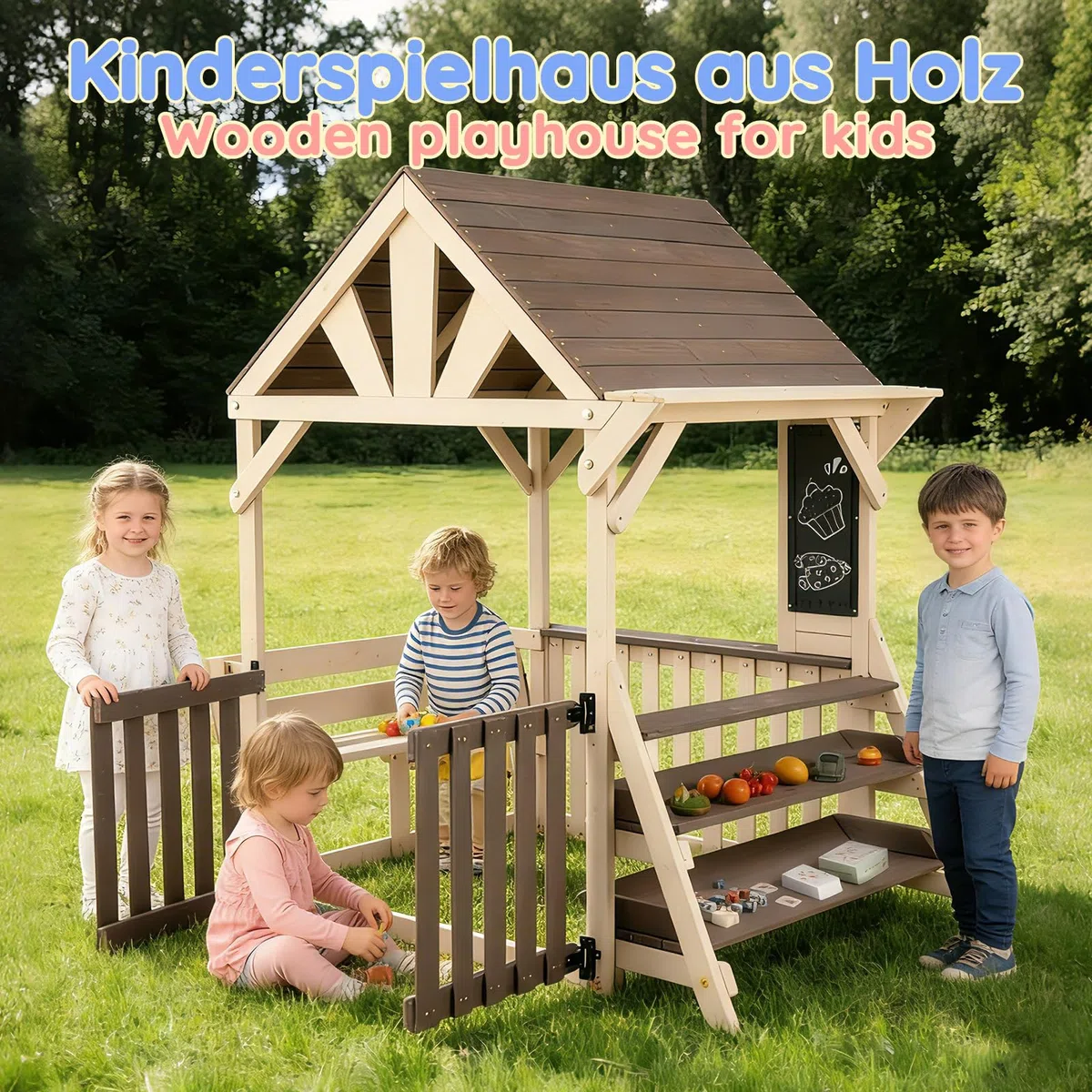 Set da cucina per esterni, a forma di casa, in legno con tetto antipioggia e ringhiera a mezza altezza, scaffale multiuso per piante e giocattoli, per bambini dai 3 anni in su, casa giochi