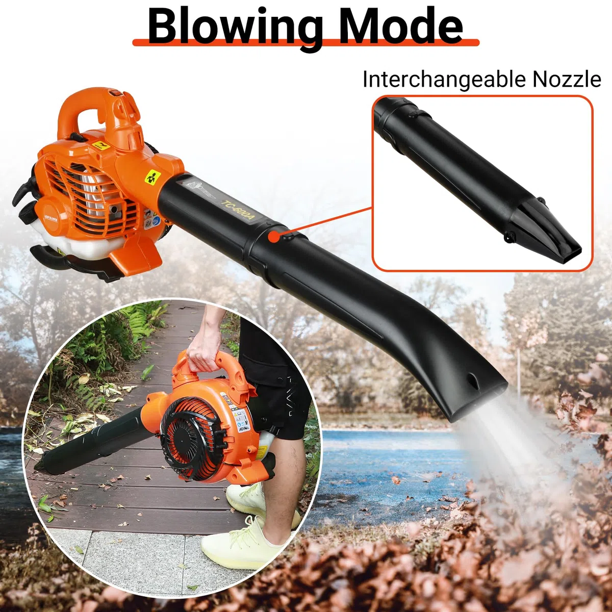 Aspiratore per foglie e aspiratore, 3 in 1, senza fili, aspiratore per foglie a benzina e mulcher, con due manici e sacchetto, aspiratore portatile a 2 tempi, per la pulizia del prato, la polvere, il