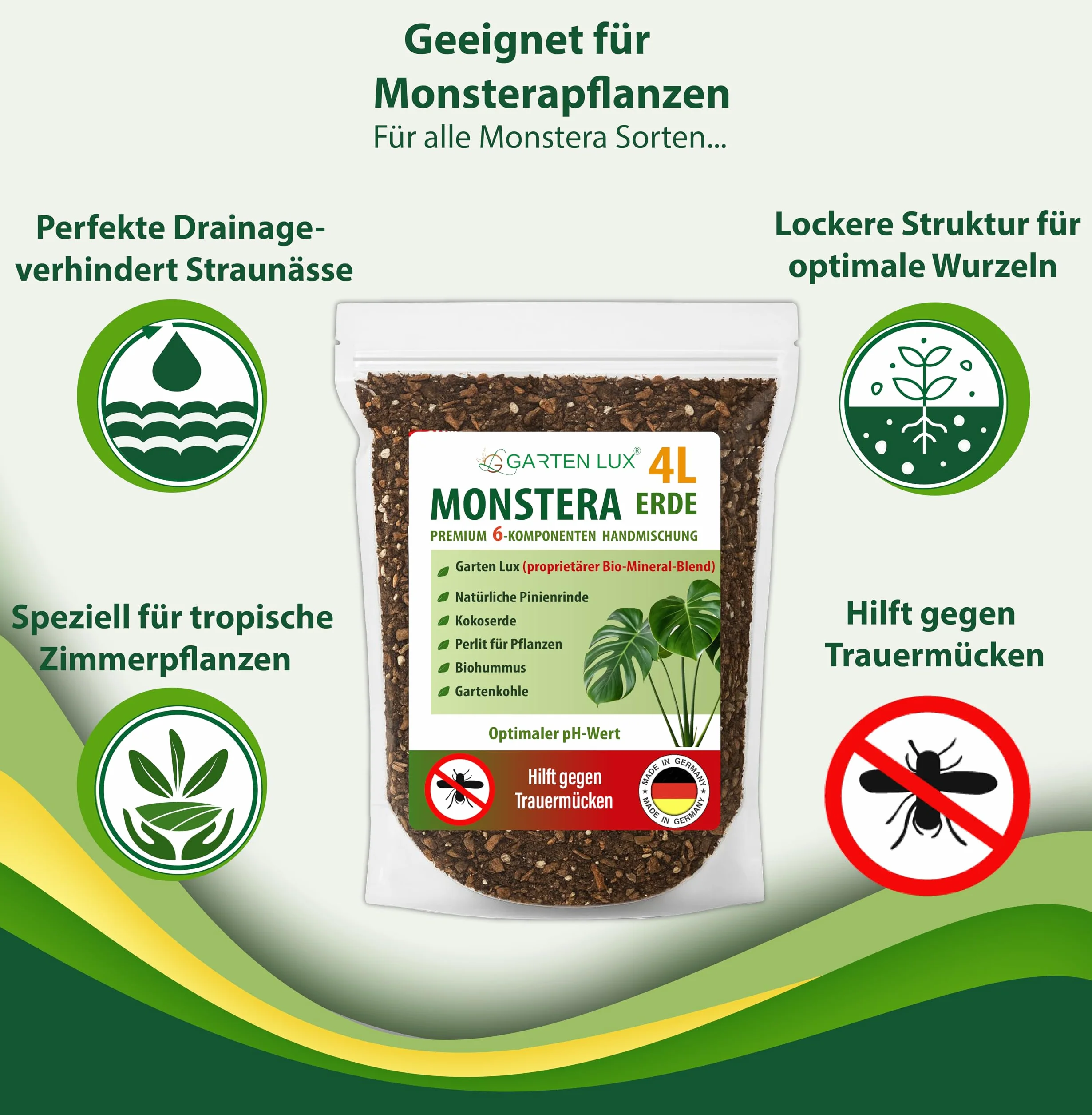 Garten Lux Monstera Terra 4L senza torba - 6-in-1 contro le zanzare lutto | substrato aroideo | terriccio di cocco, perlite, corteccia di pino, biohumus, carbone da giardino + complesso segreto |