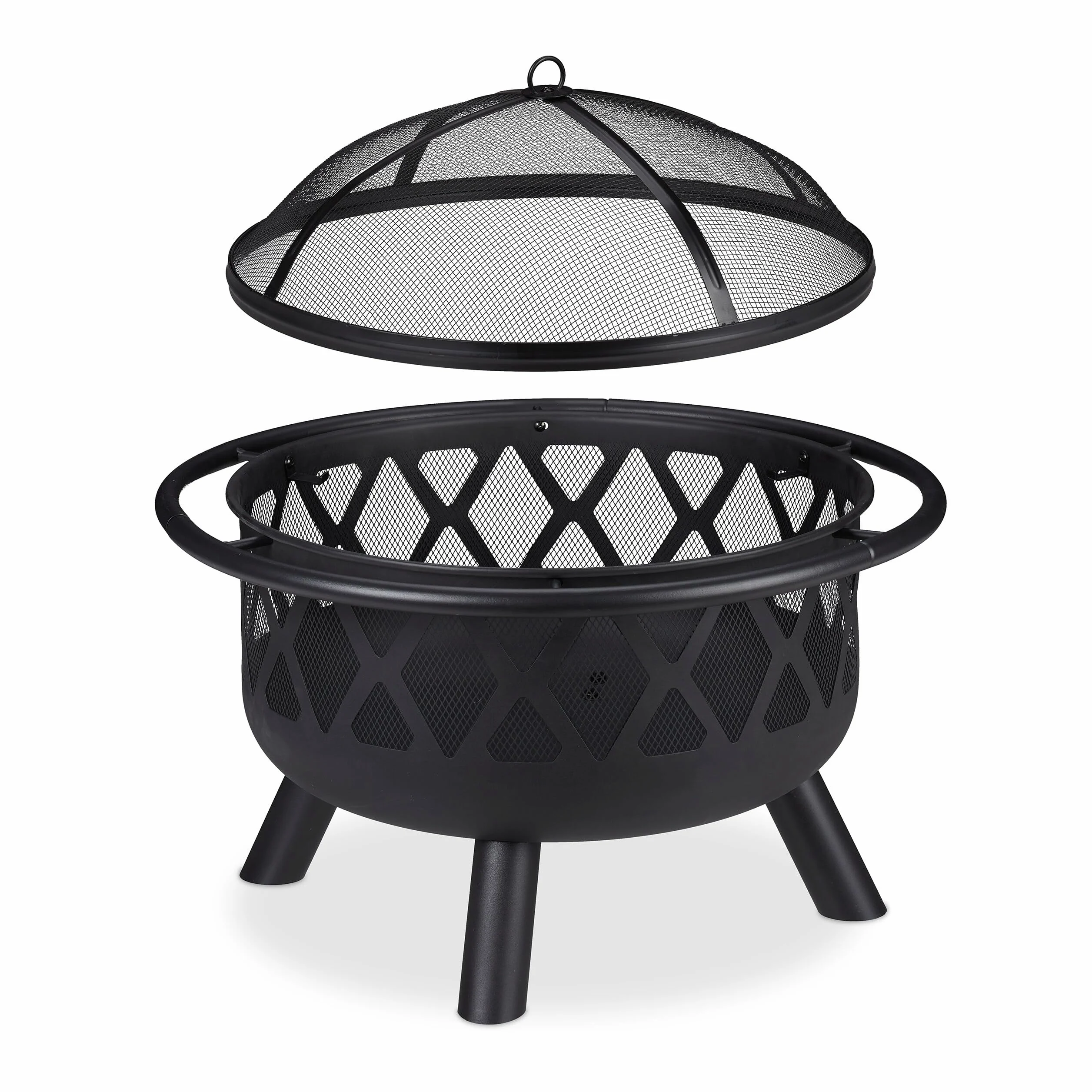 Relaxdays Braciere con Protezione Parascintille, D:75 cm, Giardino & Terrazza con Attizzatoio, Camino da Esterno, Nero