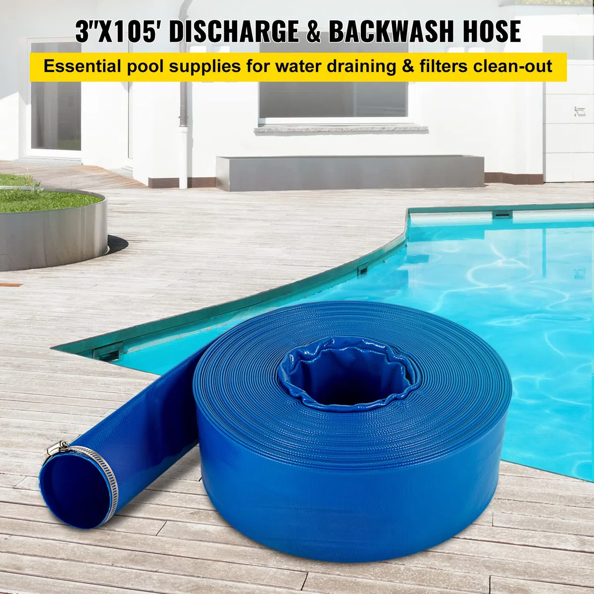 VEVOR Tubo di scarico, 3" x 105", Tubo piatto in PVC, Resistente alle intemperie e allo scoppio, Ideale per piscine e trasferimento dell'acqua, Blu