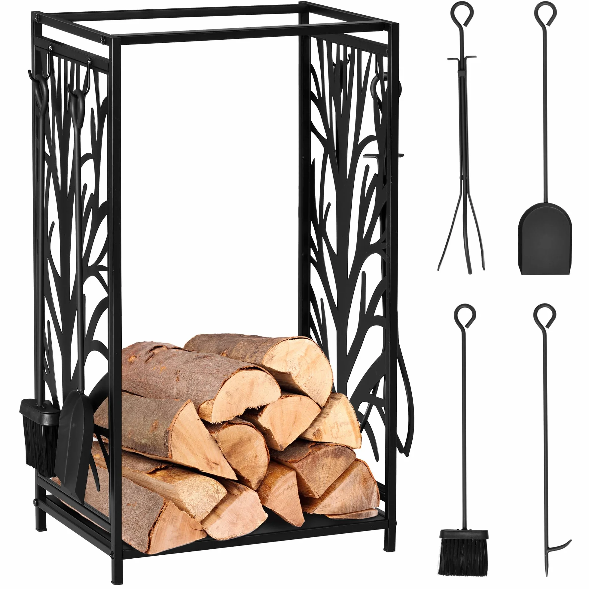 HOMCOM Potalegna per Camino in Acciaio e Antiruggine, Porta Legna per Interni ed Esterni con Design Elegante e 4 Attrezzi, 46x30x70 cm, Nero