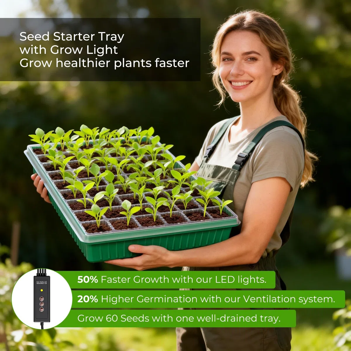 Vassoio per sementi con luce crescente, confezione da 2 pezzi, kit per piantine con cupola umida, kit di germinazione dei semi per piantare semi (120 celle)