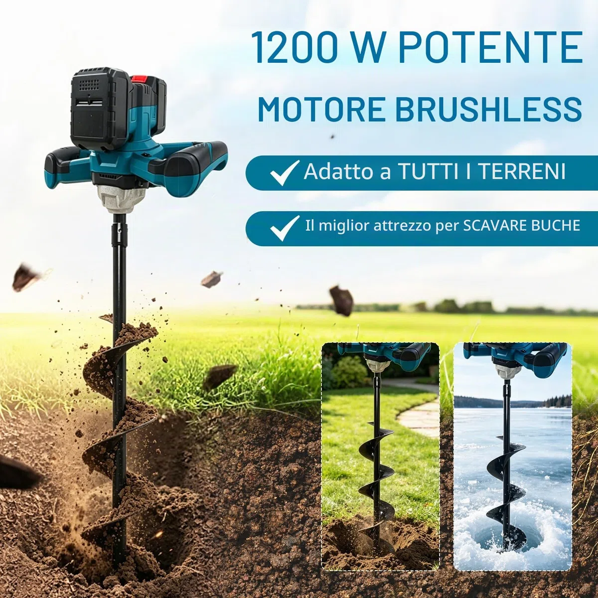 Trivella a Batteria, Trivella di Terra Professionale con 1200W Motore Senza Spazzole, Senza Testa, per Costruzione di Recinzioni, Giardino, Agitatore per Malta (Batteria e Caricabatterie Inclusi)