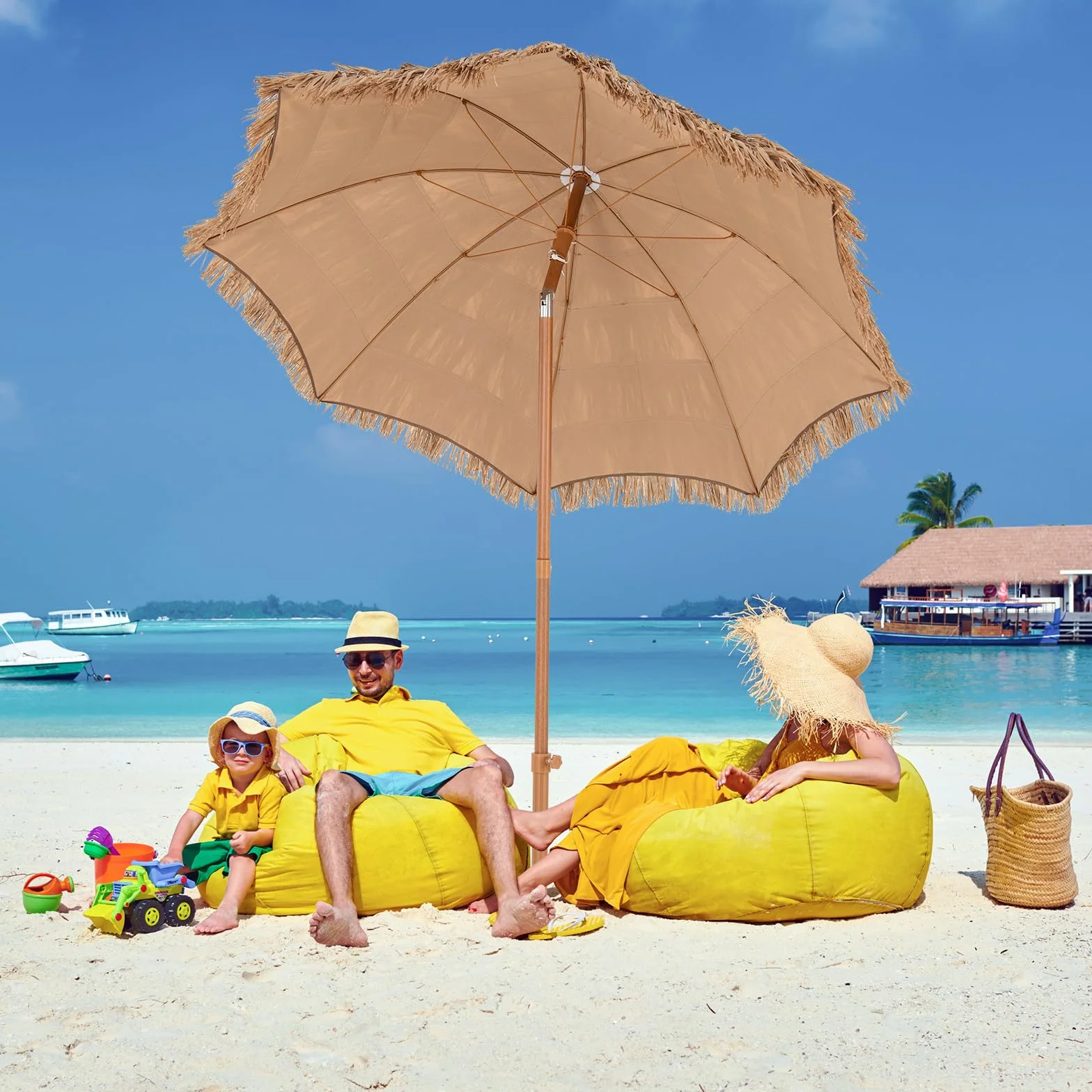 COSTWAY Ombrellone in Paglia PP da 200 cm, Ombrellone da Spiaggia Hawaiano con Inclinazione Regolabile, con Base Pieghevole, Borsa per il Trasporto, per Giardino Piscina