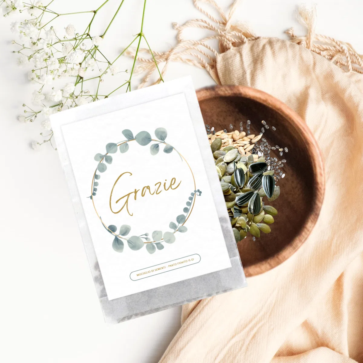 Semi di Fiori "Grazie" | Idee Regalo e Pensierino Originale | Piccolo Regalo per Colleghi, Maestre e Ospiti | Bomboniere Compleanno Bambini | Segnaposto Comunione (20 pezzi - Grazie "Eucalipto")