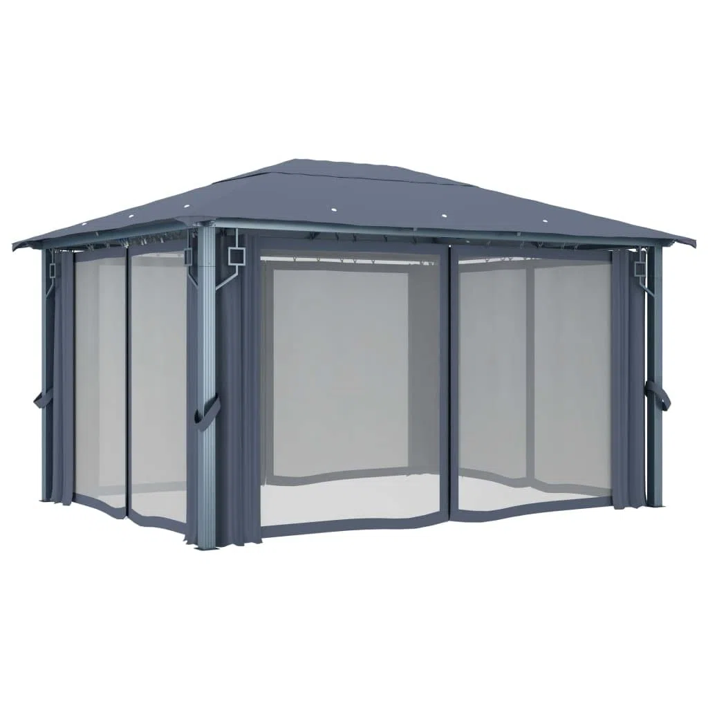 Generico Gazebo con Tende e Luci LED 400x300 cm Antracite in Alluminio,Antracite,45.41kg,3070336