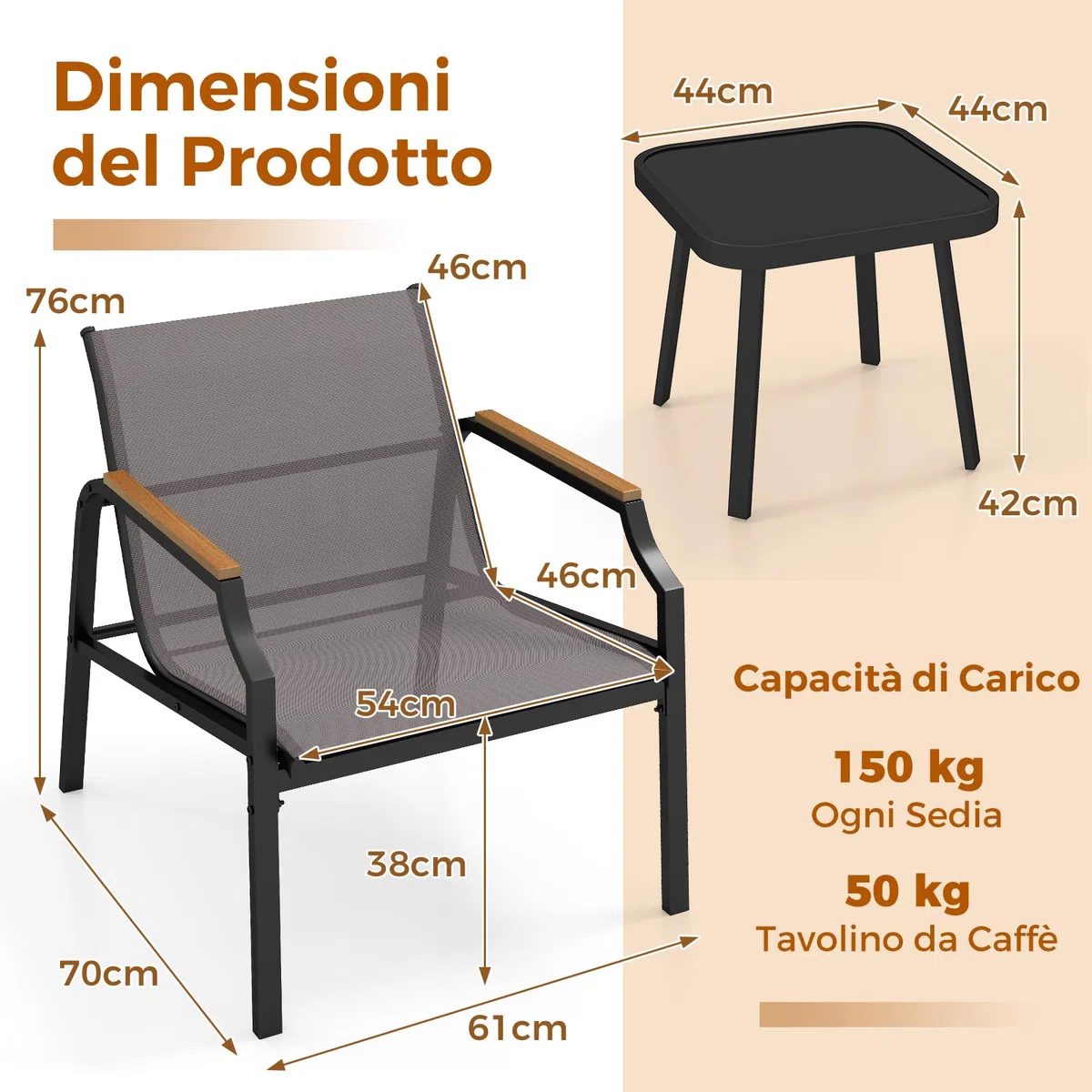 RELAX4LIFE Tavolo da Giardino con Sedie, Tavolino Salotto con Piano in Vetro Temperato e 2 Poltrona Moderne in Tessuto Traspirante, Set Bistrò 3 Pezzi per Terrazza/Patio/Balcone, Portata 150KG+50KG
