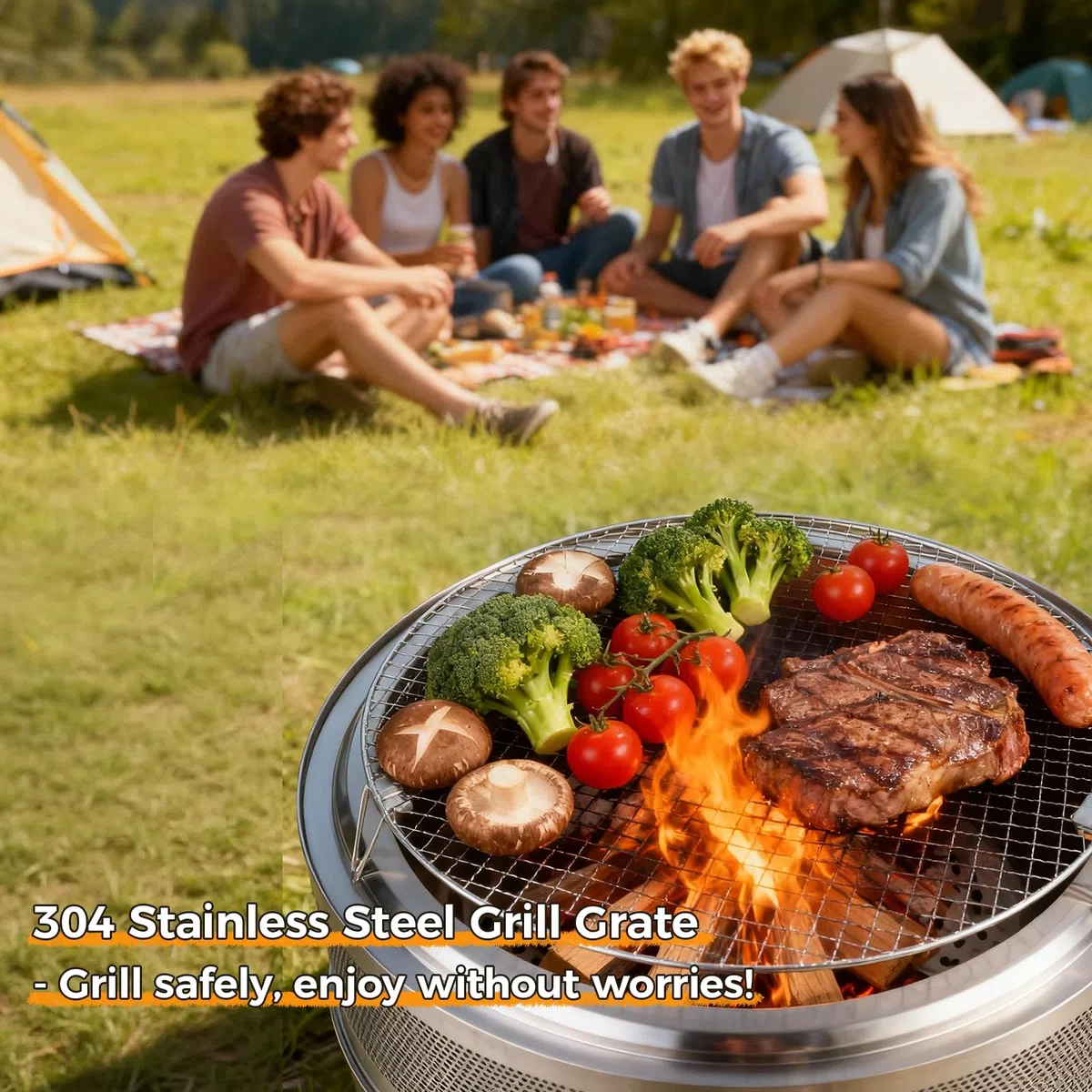 SMOOL Braciere senza fumo da 50 cm, braciere portatile per campeggio, braciere da esterno in acciaio inox, barbecue per patio e giardino, stufa a legna con padella per cenere rimovibile, borsa per il