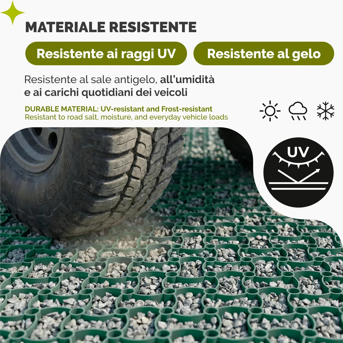 Garronda Griglia Salvaprato Carrabile 10 Pezzi (2,5 m²) 50 x 50 x 4 cm in Plastica Riciclata per Giardino e Ghiaia Modulare Drenante per Parcheggio e Vialetti Resistente 16 t/m² Verde GD-0224
