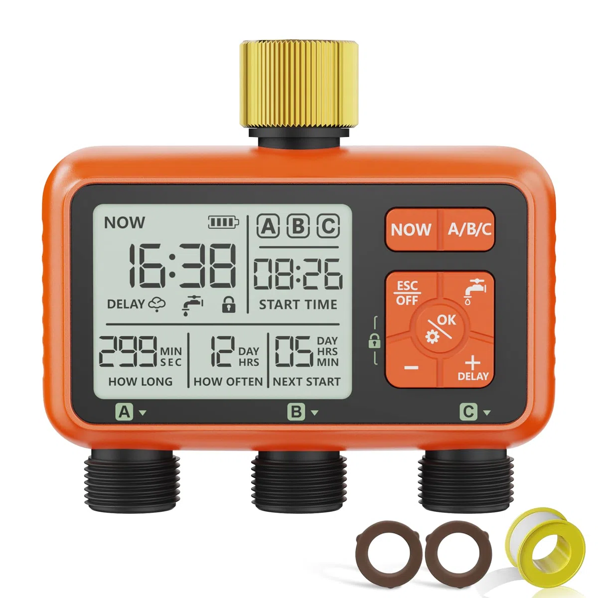 Timer per irrigatore a 3 zone con ingresso in ottone Timer dell'acqua per tubo da giardino Regolatore programmabile del rubinetto del tubo flessibile con controllo della zona indipendente Ritardo