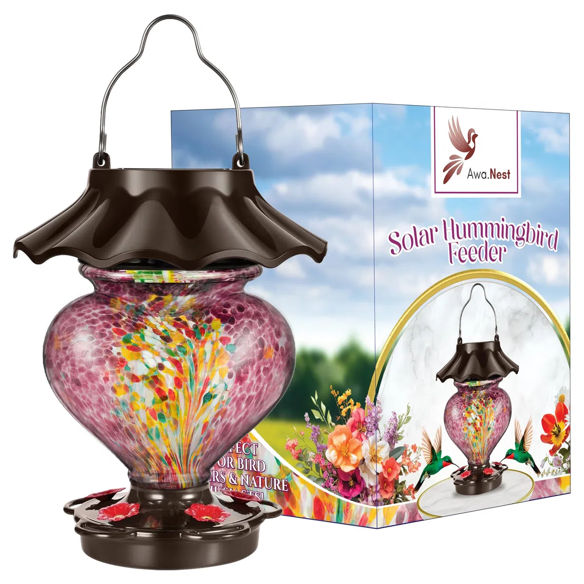 Mangiatoia solare a forma di cuore per esterni, in vetro soffiato a mano, 33 fl.oz, a prova di perdite e antiruggine, include 2 ganci per appendere, decorazione unica da giardino con LED a energia