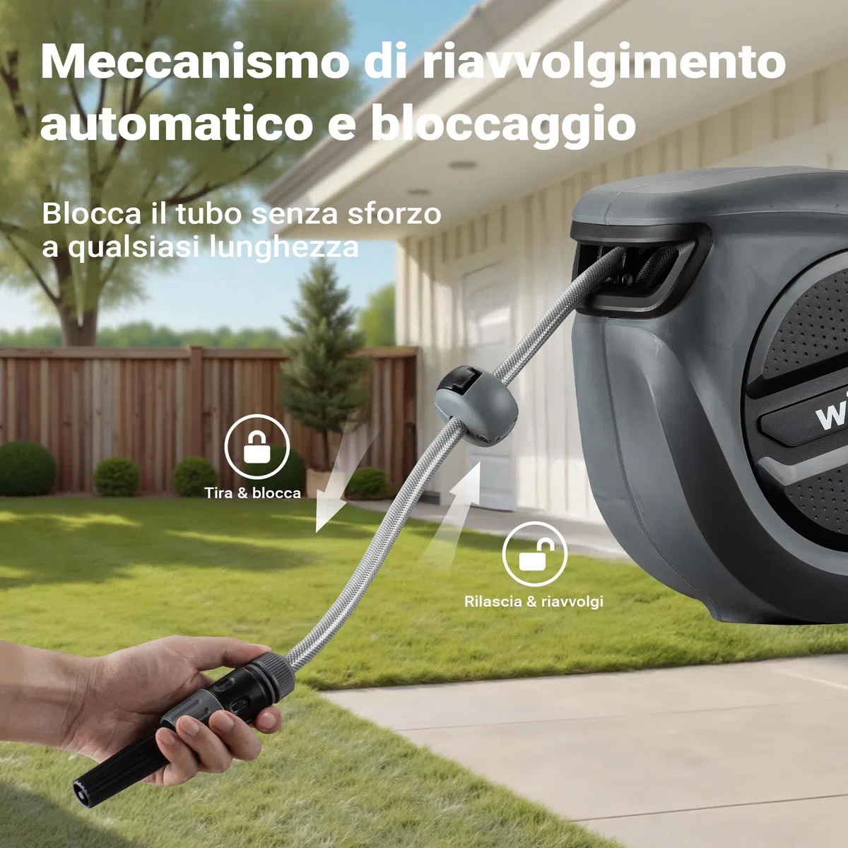 XPOtool Portatubo da giardino con avvolgitore automatico, avvolgitubo da parete con tubo da 20m, avvolgitore per tubo acqua